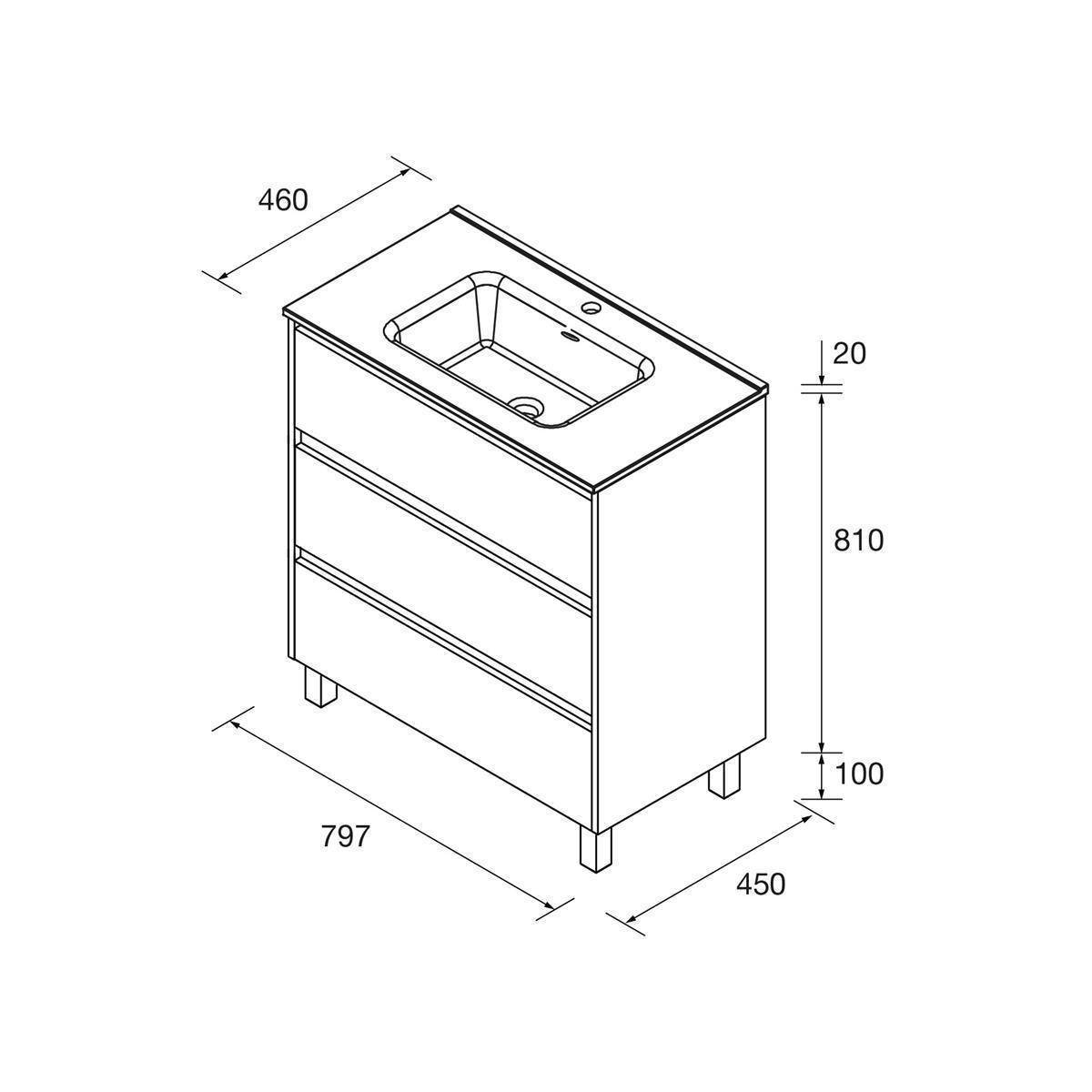 Isometrische bemaßte Zeichnung eines Badezimmer-Waschtischkabinetts mit Waschbecken; Gesamtgröße 797 x 450 x 810 mm, mit 20 mm Oberfläche und 100 mm Beinen.