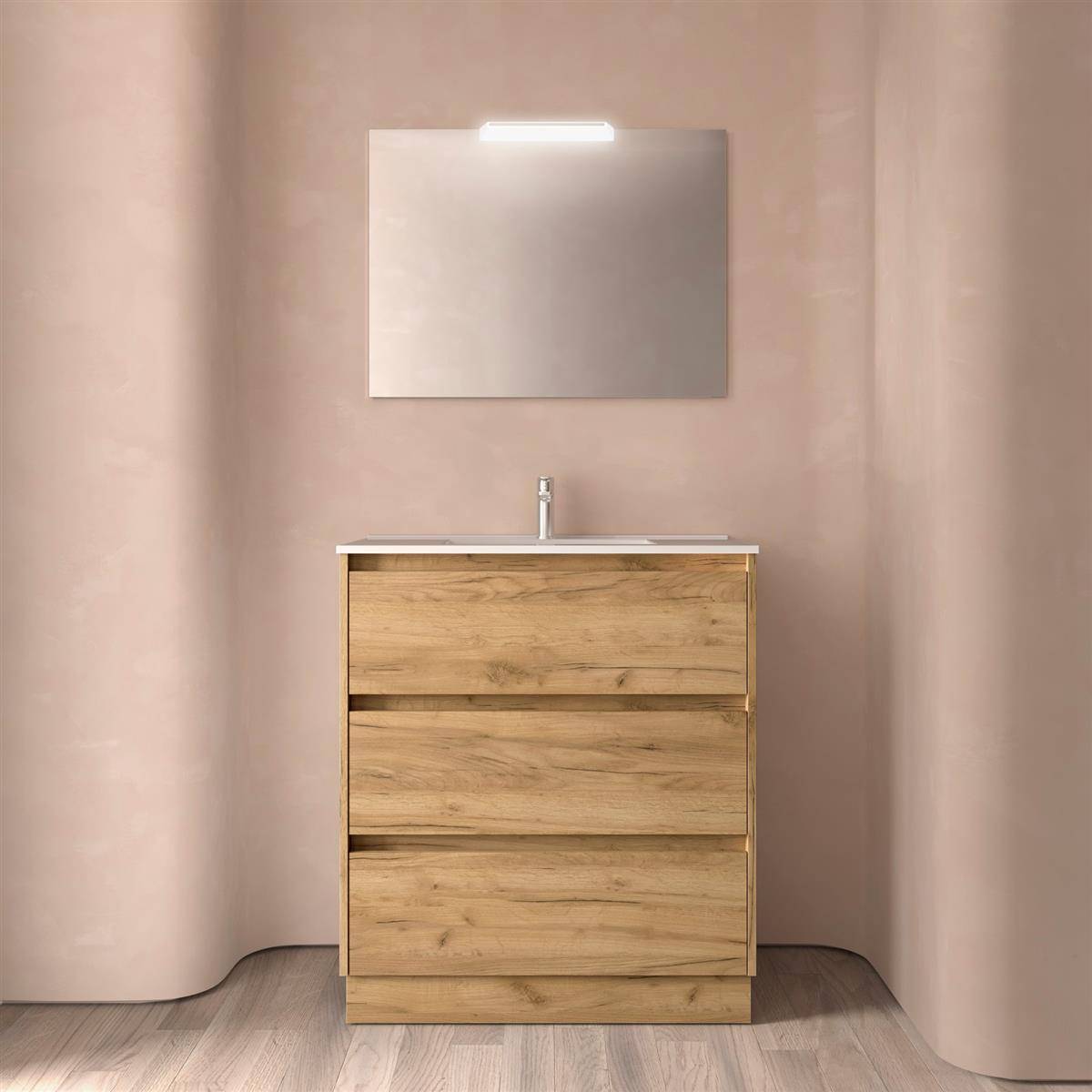 Modernes Badezimmermöbel mit Holzschrank, Waschbecken und rechteckigem Spiegel, der zwischen beigen geschwungenen Wänden zentriert ist.