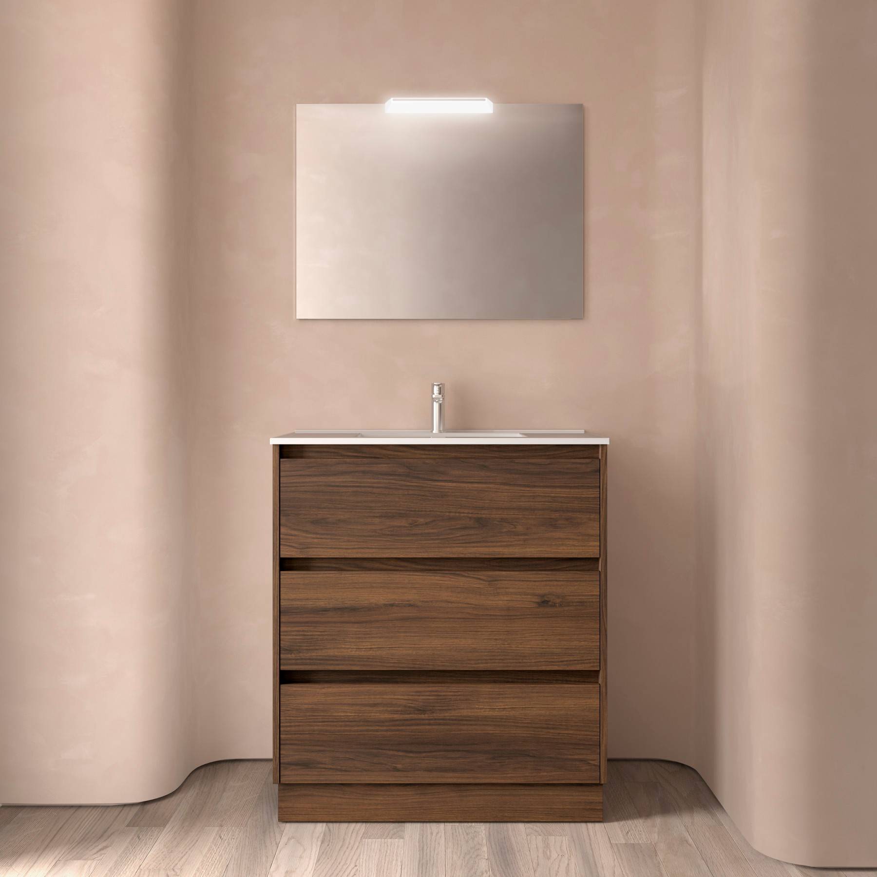 Moderner Badezimmerwaschtisch mit rechteckigem Spiegel, helzfarbener Unterschrank mit drei Schubladen und elegantem Wasserhahn.