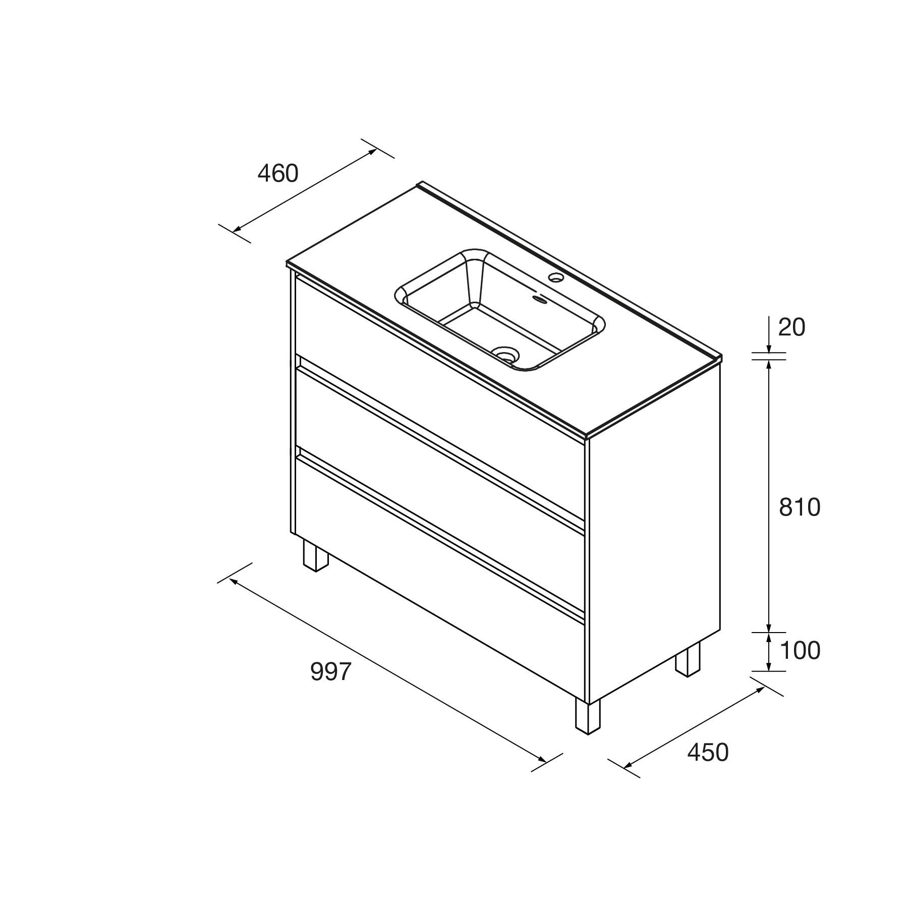 Waschtischunterschrank mit Waschbecken und Schubladen, Abmessungen: 997 mm Breite, 450 mm Tiefe, 810 mm Höhe; inklusive Seiten- und Draufsichtmaßen.