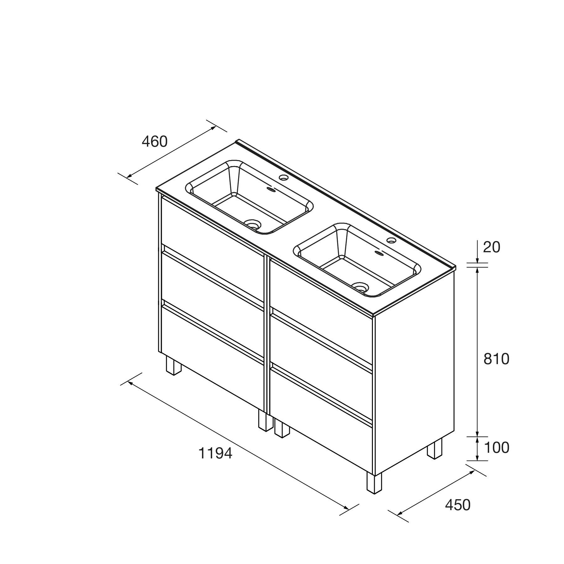 Eine Linienzeichnung eines Doppelwaschbeckenschranks mit Abmessungen: 1194 mm Breite, 460 mm Tiefe und 810 mm Höhe. Enthält zwei Becken und vier Schubladen.