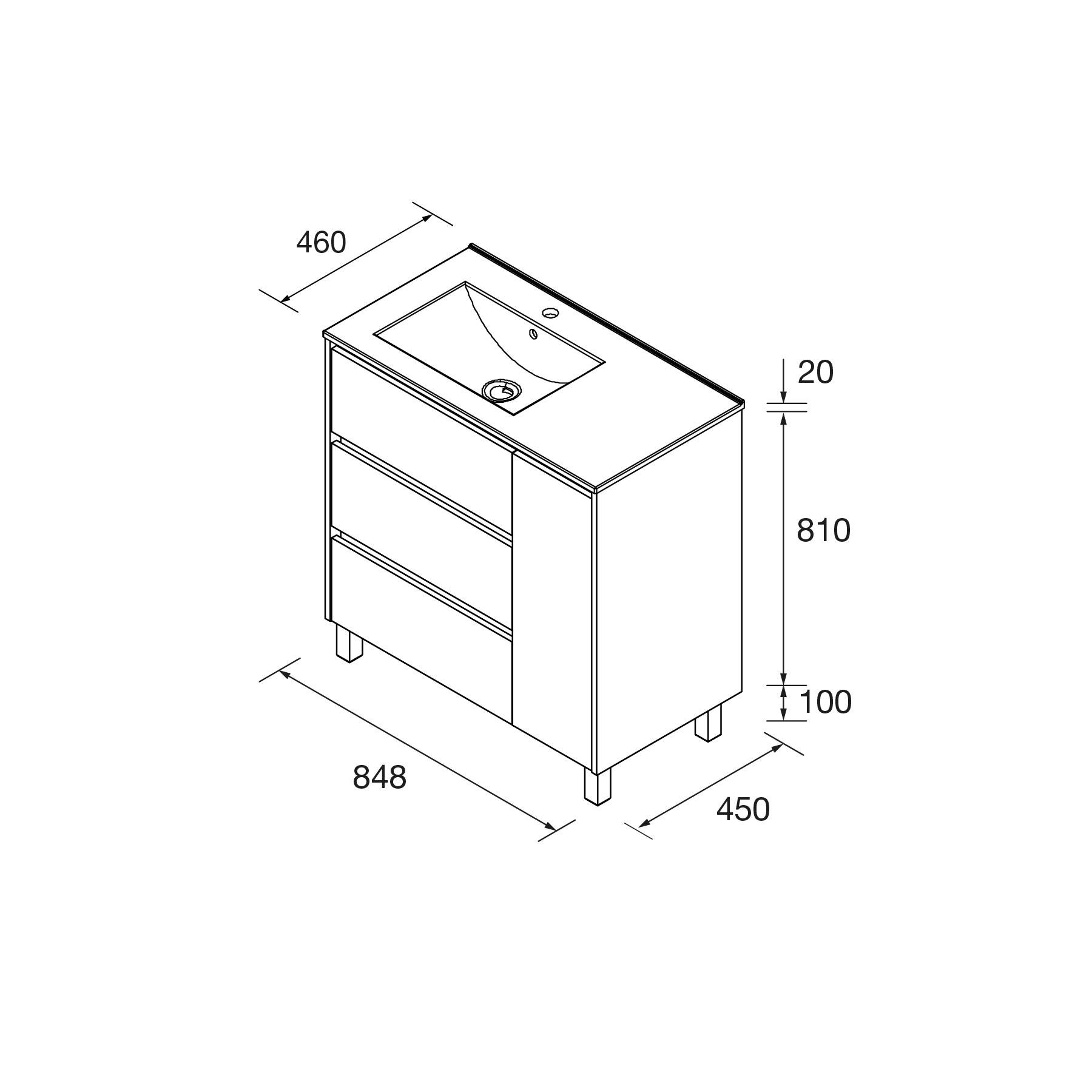 Diagramm eines Badezimmer-Waschtischs mit Waschbecken oben. Abmessungen: 848 mm Breite, 810 mm Höhe, 450 mm Tiefe. Waschbeckenbreite: 460 mm.