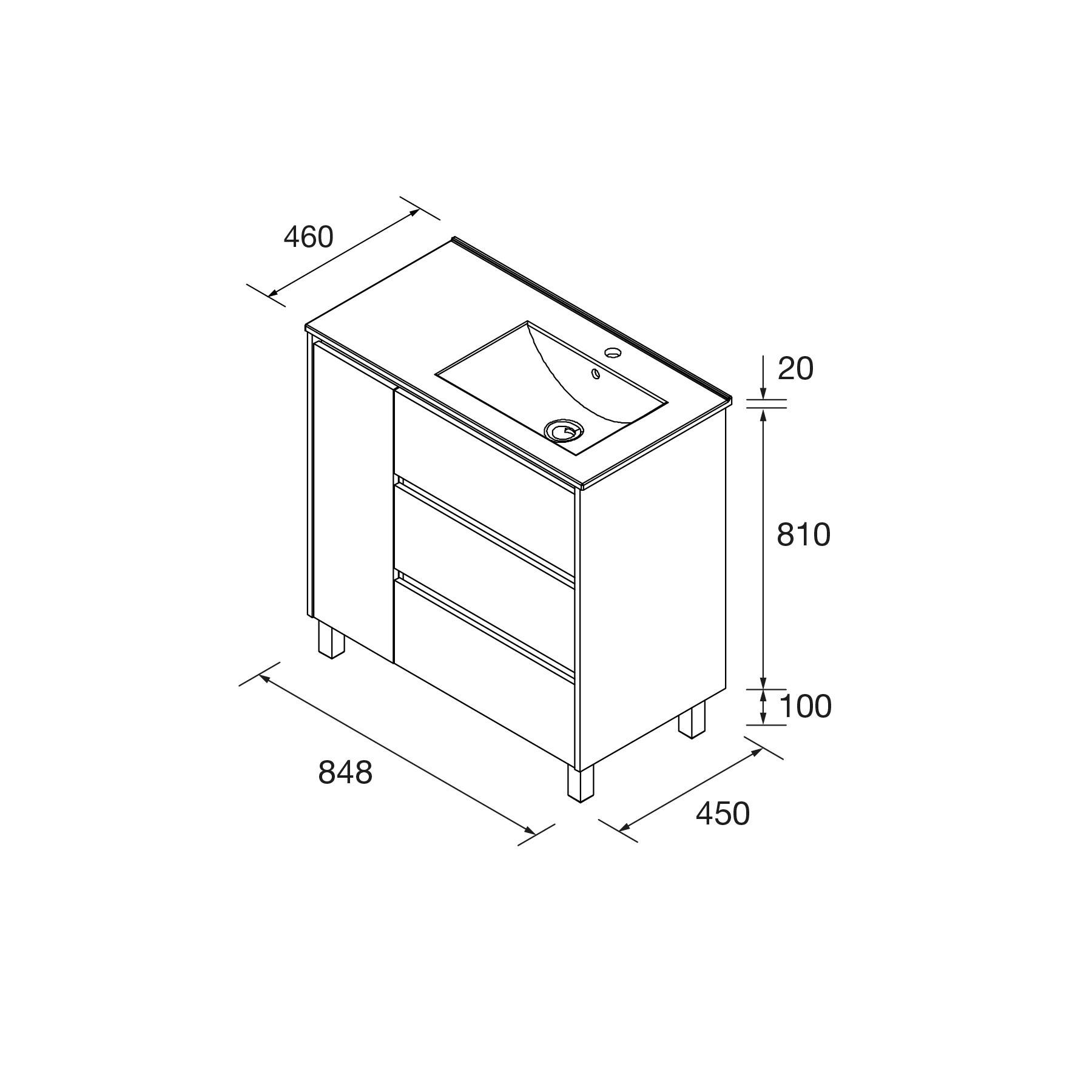 Diagramm eines rechteckigen Spülenschranks mit Abmessungen: Breite 848 mm, Tiefe 450 mm, Höhe 810 mm. Enthält drei Schubladen und ein Waschbecken.