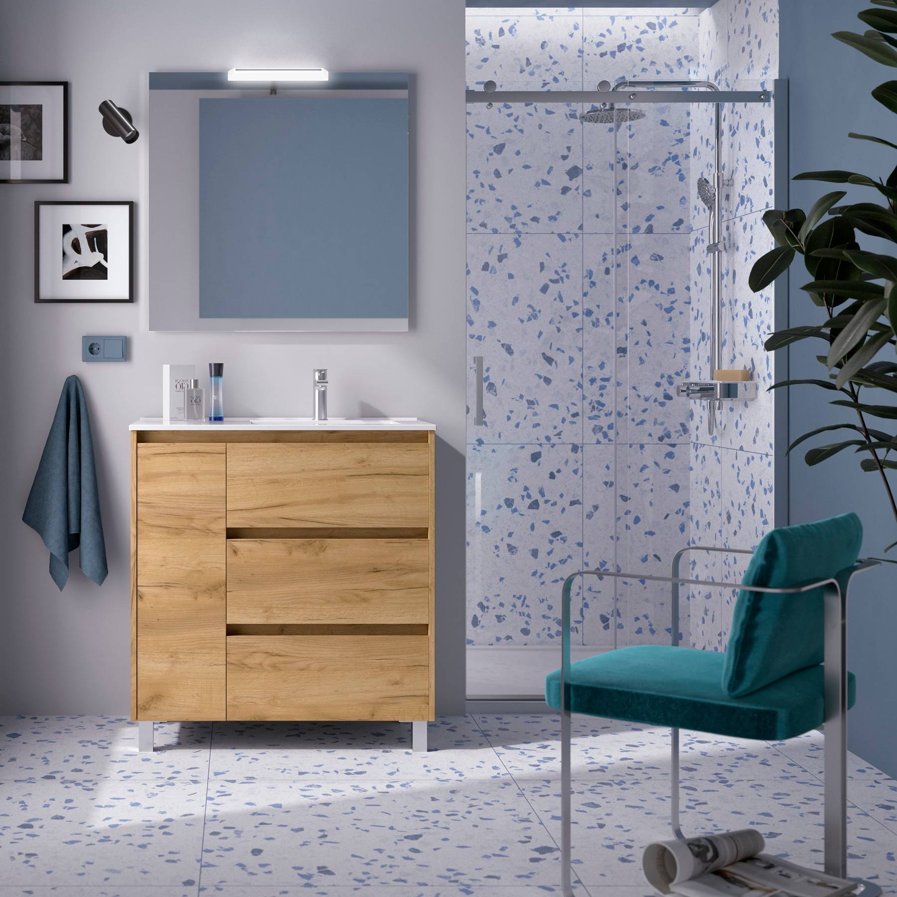 Ein modernes Badezimmer mit einem Waschtisch aus Holz, blauen Wänden, einem blauen Stuhl und einer Glasdusche mit gemusterten Fliesen.