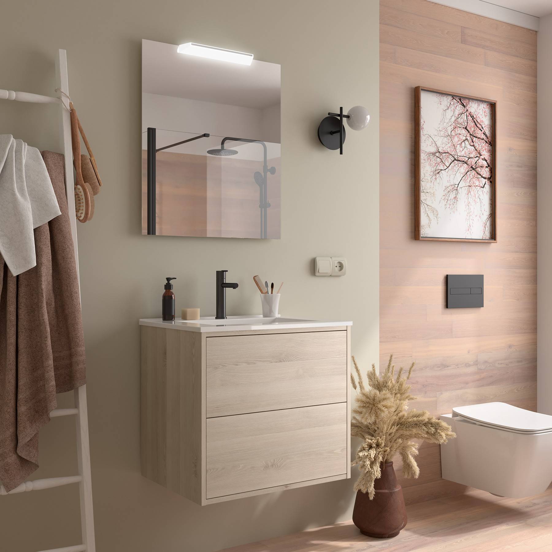 Ein modernes Badezimmer verfügt über einen Waschtisch aus Holz mit einem schwarzen Wasserhahn, rechteckigem Spiegel und einer Topfpflanze. Ein Handtuch hängt an einem Leiterregal.