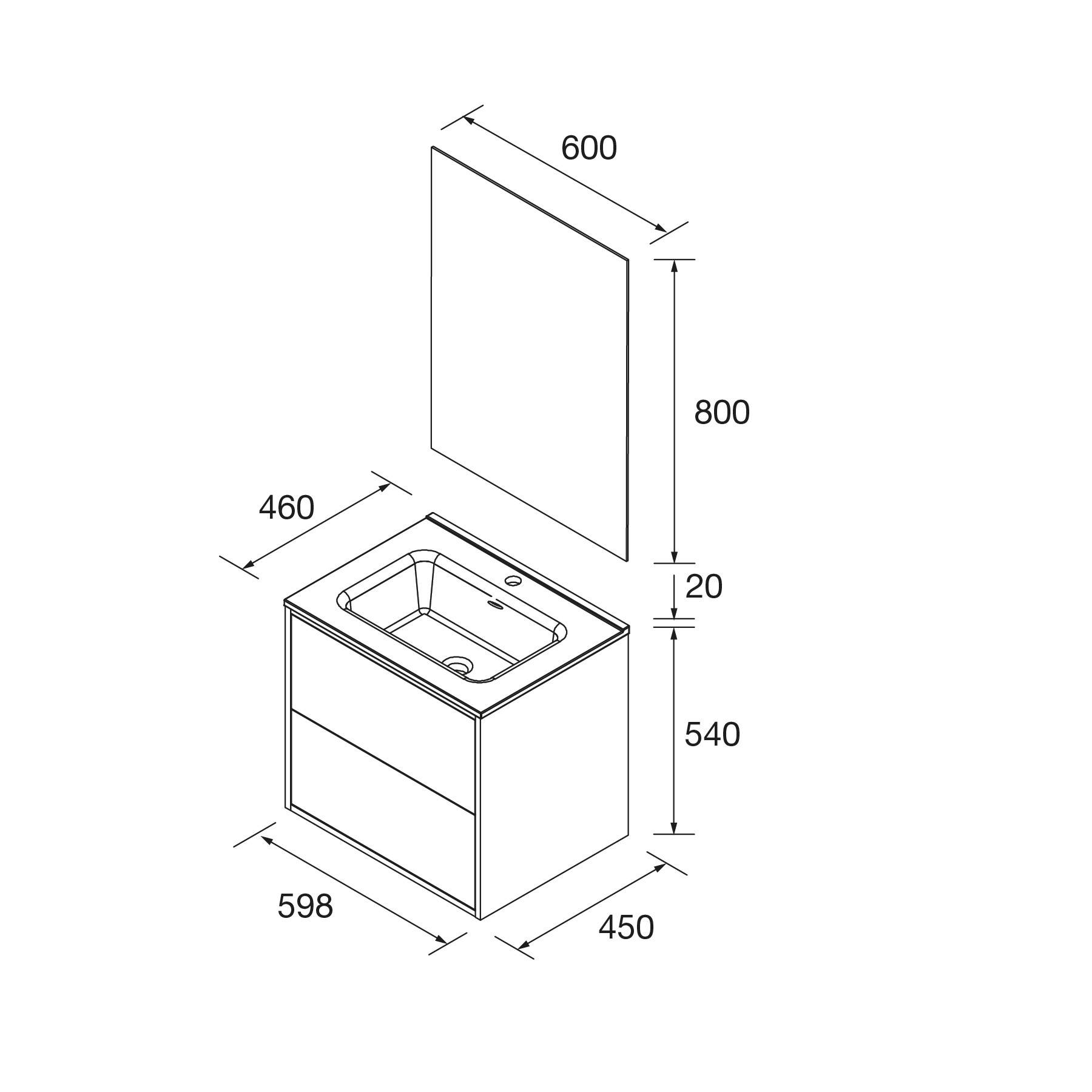 Abmessungen eines Badezimmer-Waschtischs: 600 mm Breite, 800 mm Höhe und 460 mm Tiefe. Der Schrank misst 598 mm x 450 mm.