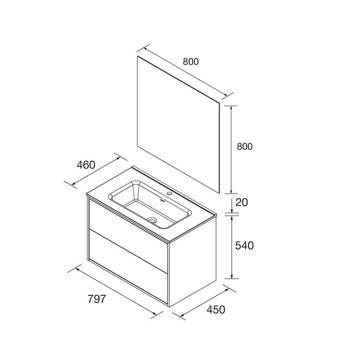 Explodierte technische Zeichnung eines wandmontierten Spiegels über einem Waschtisch mit Spiegelschrank, mit beschrifteten Abmessungen: Spiegel 800 x 800; Schrank 797 x 450 x 540; Arbeitsplattentiefe 460; Abstand 20.