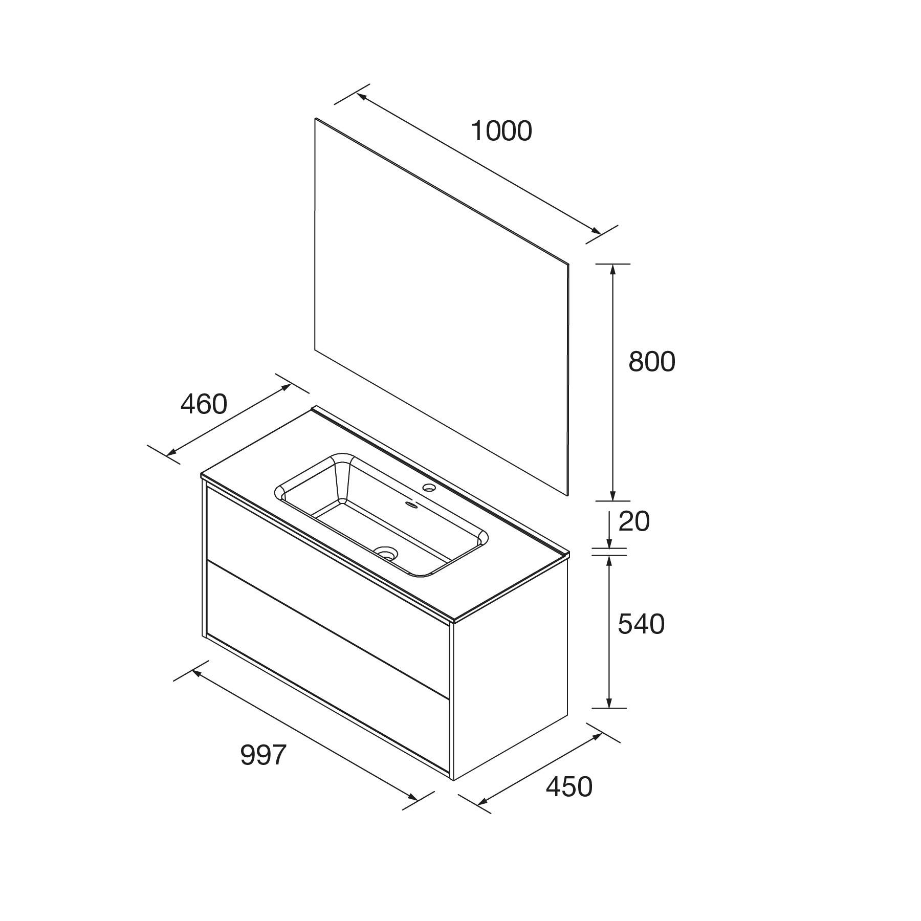 Eine technische Zeichnung eines Badezimmerwaschtischs mit Waschbecken, Spiegel und Abmessungen: 997 mm breit, 450 mm tief, 540 mm hoch. Spiegel: 1000 mm x 800 mm.
