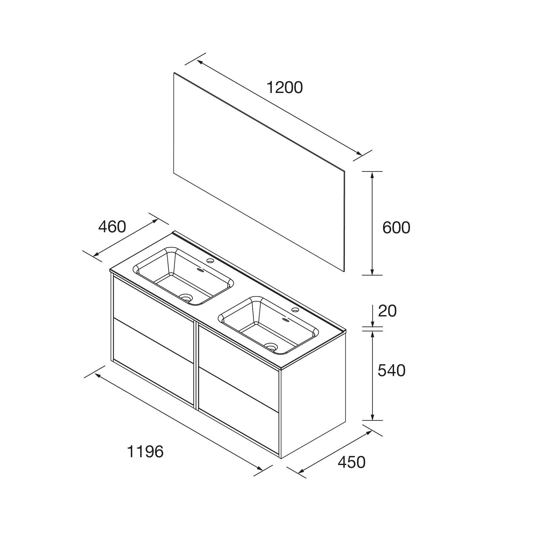 Skizze eines Doppelwaschbeckens-Badezimmerwaschtischs. Maße sind: 1196 mm Breite, 460 mm Tiefe, 540 mm Schrankhöhe und 450 mm Basentiefe.