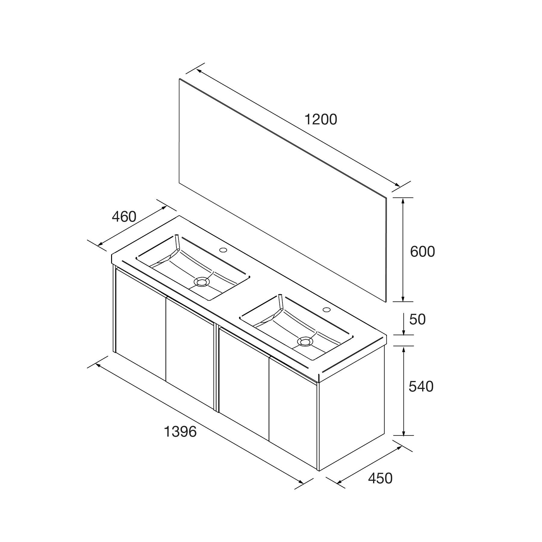 Waschtisch-Unterschrank mit Doppelwaschbecken - Bauplan. Abmessungen: Breite 1396 mm, Tiefe 450 mm, Höhe 540 mm. Oberes Spiegelpanel: 1200 mm x 600 mm.
