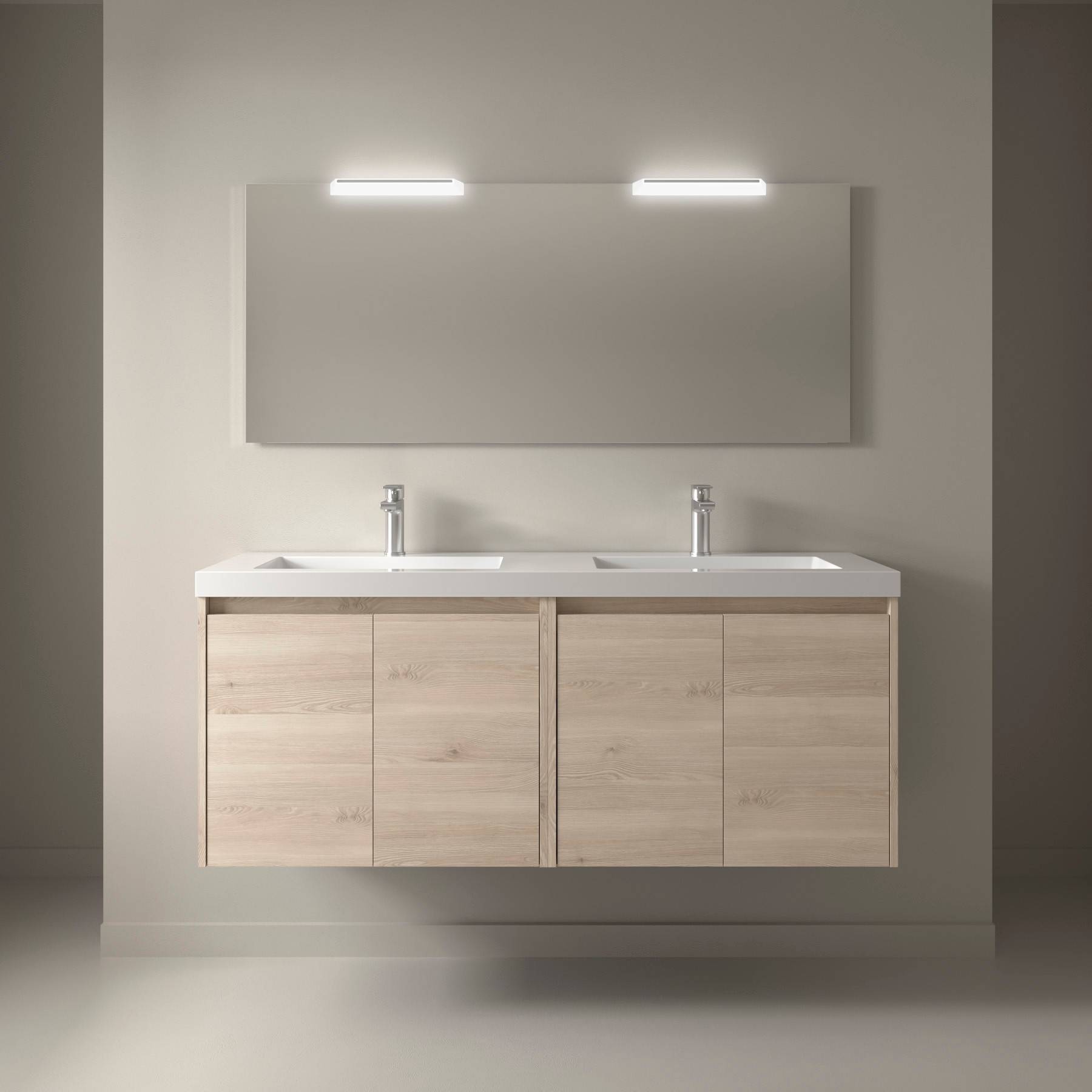 Eine moderne Badezimmer-Waschtischanlage mit einem großen rechteckigen Spiegel und zwei Leuchten, ausgestattet mit Doppelwaschbecken und einem Schrank in Holzoptik.