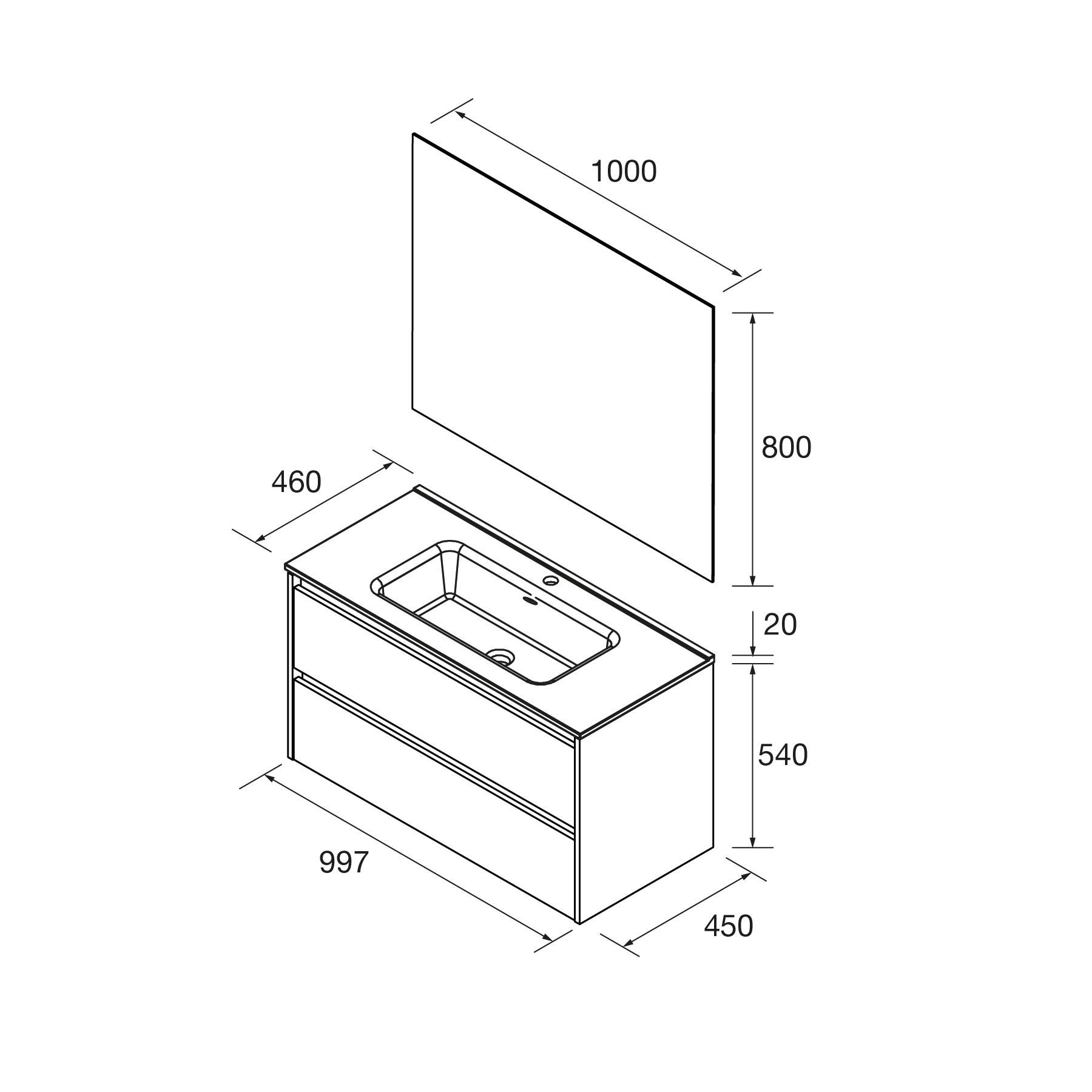 Diagramm eines Badezimmerwaschtischs mit Waschbecken, mit folgenden Abmessungen: Breite 997 mm, Tiefe 460 mm und Höhe 540 mm; Spiegel 1000 mm x 800 mm.