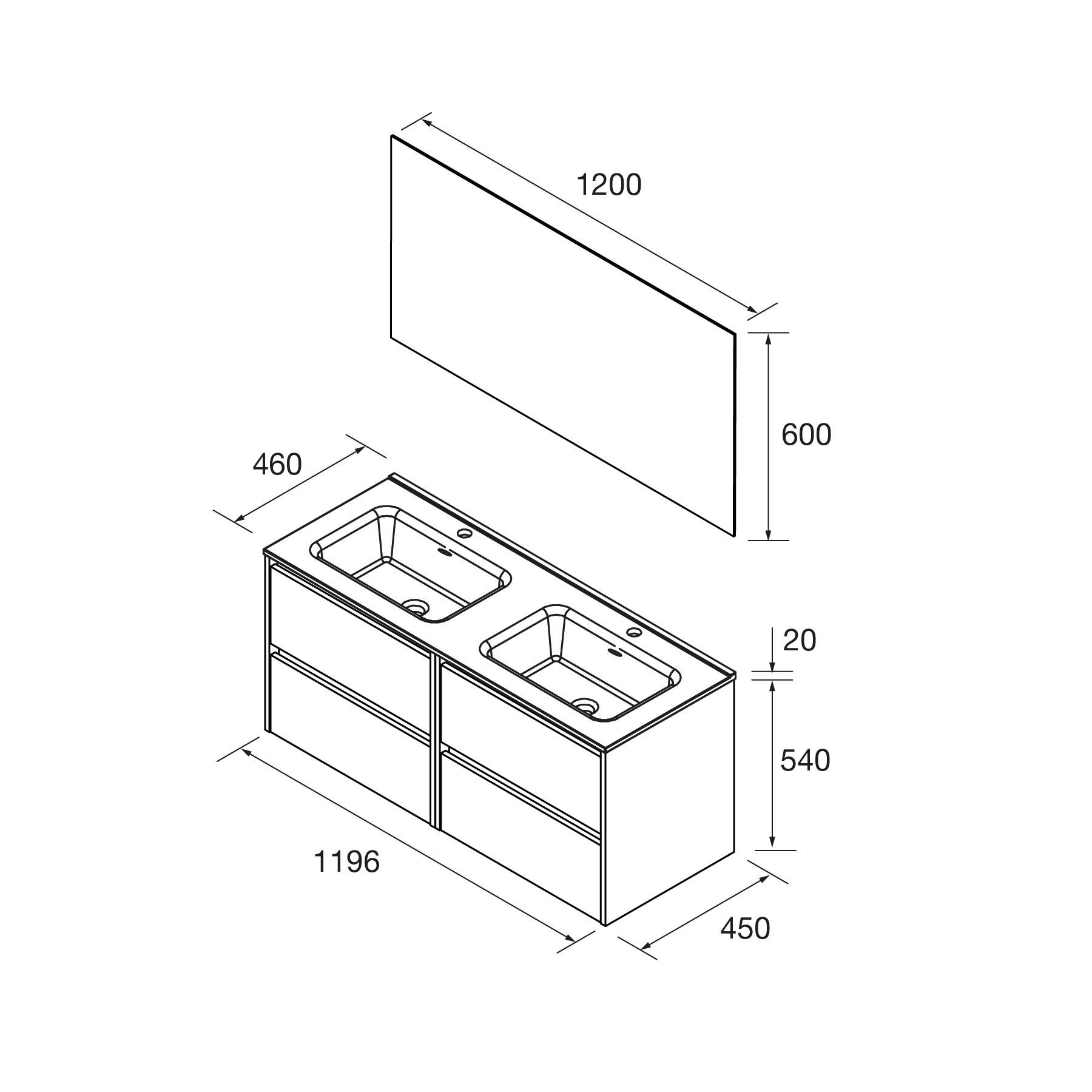Technische Zeichnung eines Waschtischs mit Doppelwaschbecken und Frontschubladen. Abmessungen: Breite 1196 mm, Tiefe 450 mm, Höhe 540 mm.