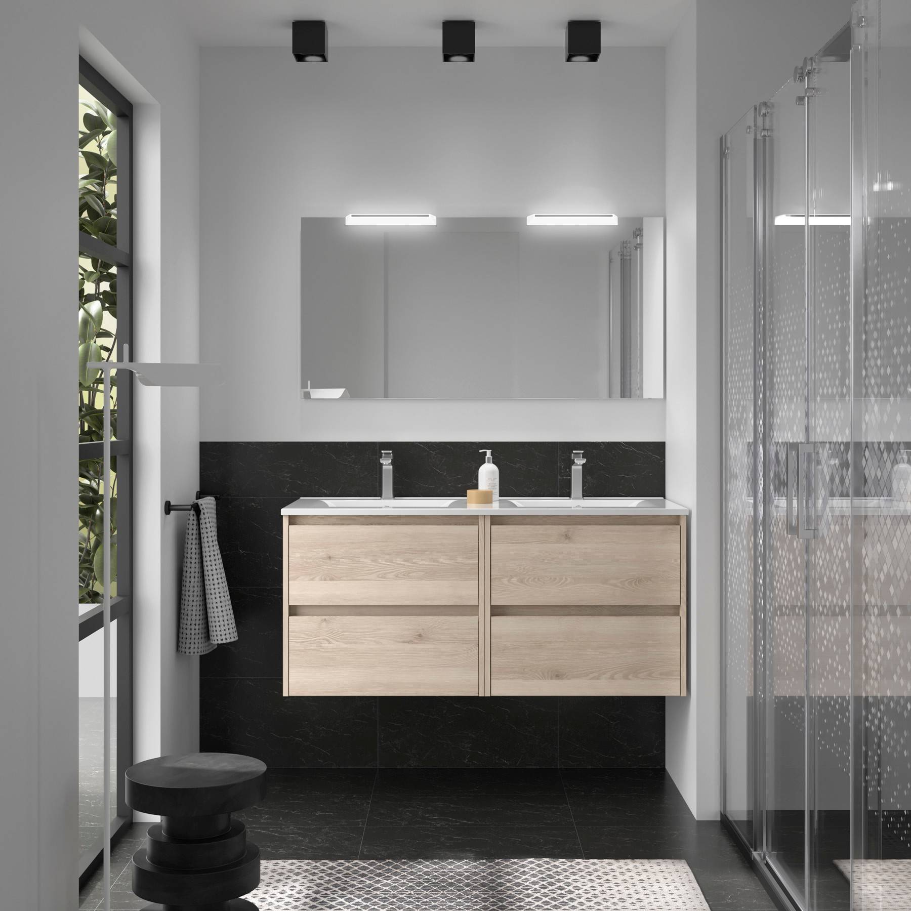 Modernes Badezimmer mit einer Doppelwaschbecken-Waschtischanlage, eleganten Spiegeln und einer Duschkabine. Minimalistisches Design mit neutralen Farbtönen und geometrischer Beleuchtung.