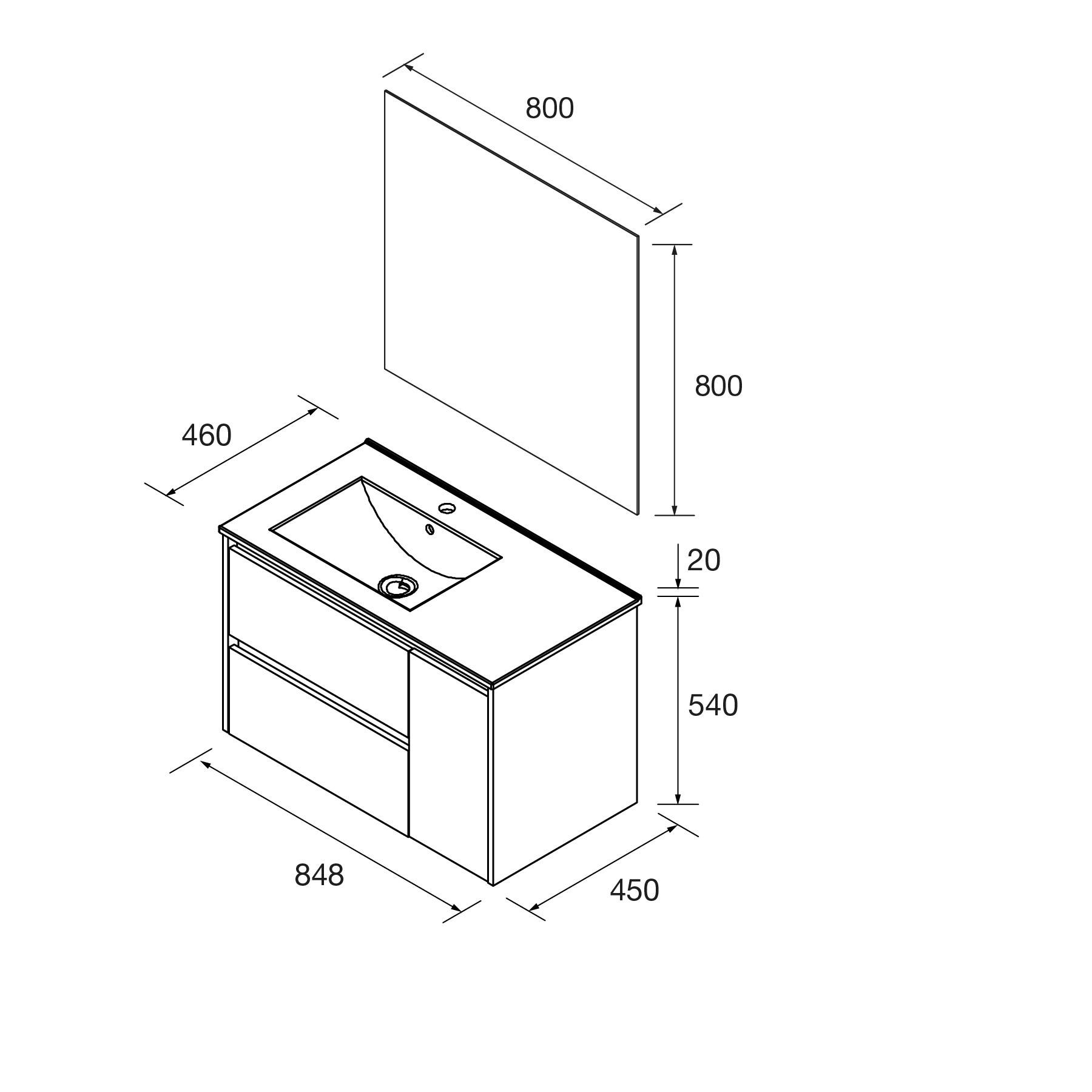 Rechteckige Waschtischunterschrank-Abmessungen: 848 mm breit, 540 mm hoch und 460 mm tief; Aufsatzbecken mit 800 mm Wandspiegel.
