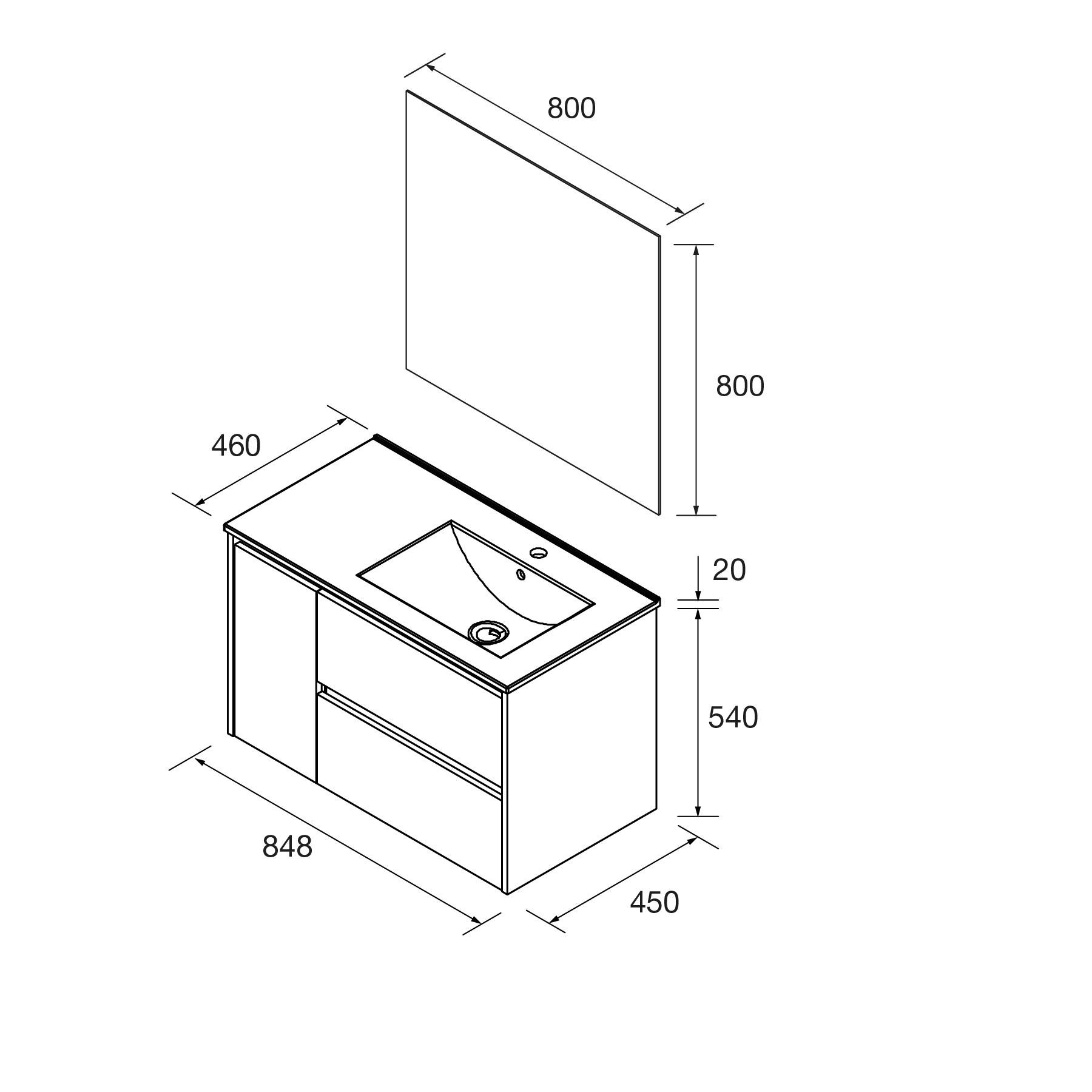 Eine Linienzeichnung eines Badezimmer-Waschtischs mit Waschbecken und Unterschrank. Abmessungen sind markiert: 800x800 für den Spiegel, 848x450x540 für den Waschtisch und Waschbeckentiefe 20.