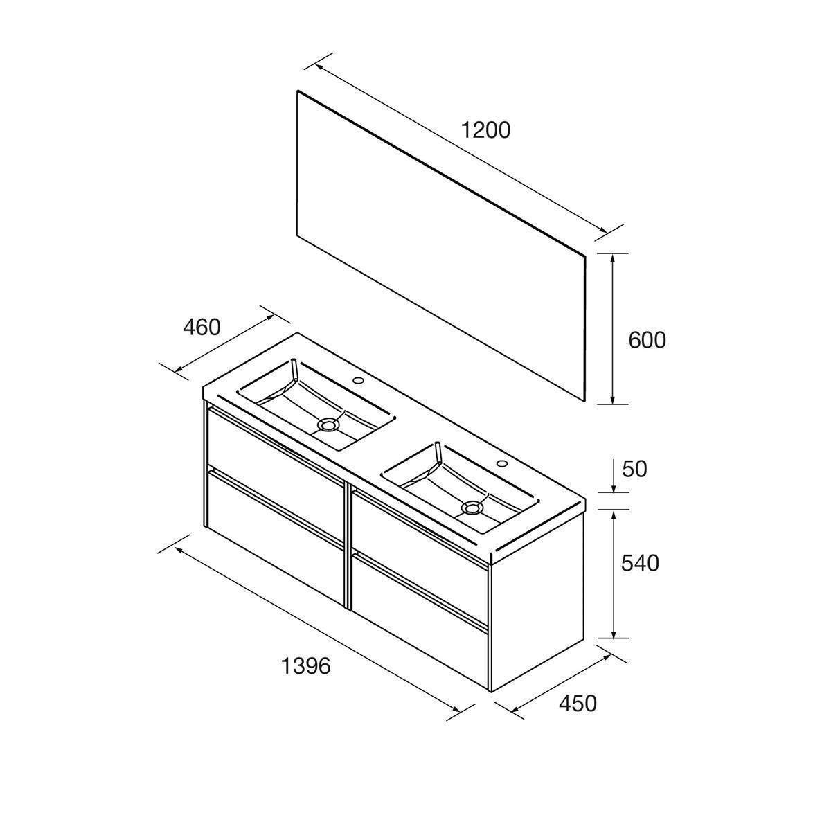 Maßstabgerechte Zeichnung eines wandmontierten Badezimmerwaschtisches mit Doppelwaschbecken und Spiegel: Schrank 1396 x 450 x 540 mm, Spiegel 1200 x 600 mm, Oberkantenhöhe 50 mm, Tiefe 460 mm.