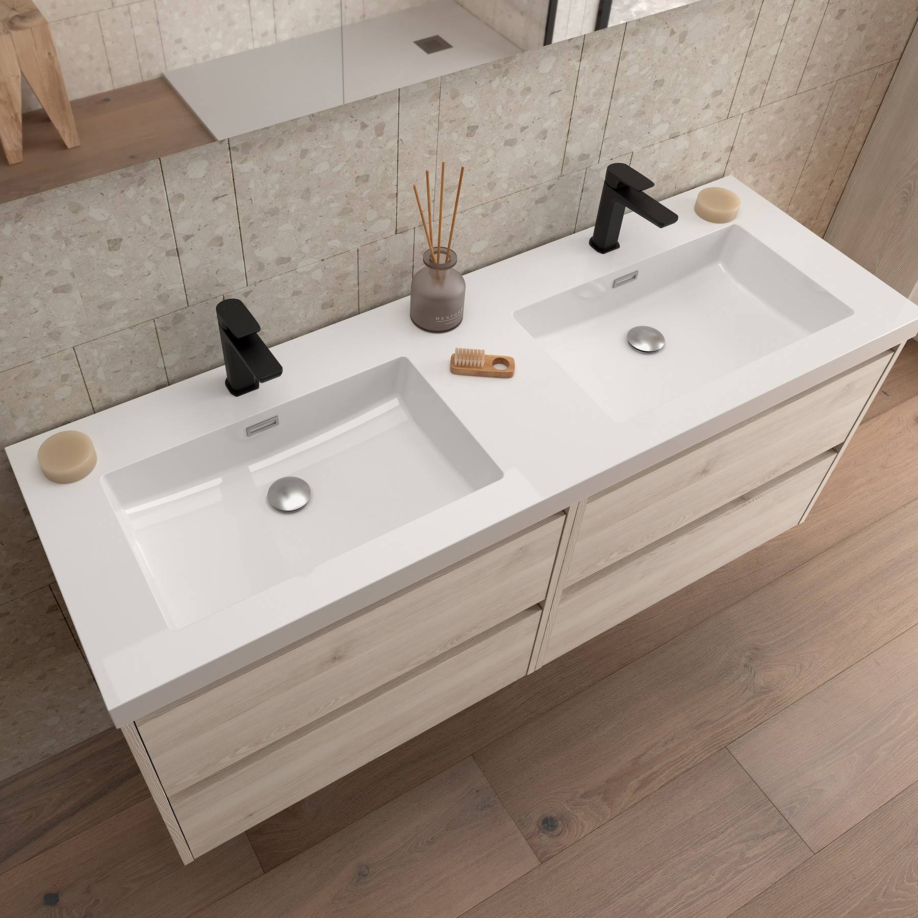 Salgar Badezimmermöbel NOJA 1400 2 Schubladen NATURAL + Waschtisch + Spiegel