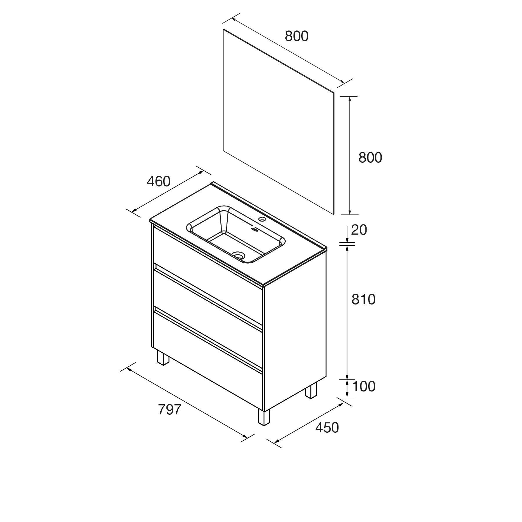 Isometrische Darstellung eines Badezimmer-Waschtischsets mit Maßangaben. Das Set umfasst eine Waschbeckenplatte und einen Unterschrank mit zwei Schubladen. Die Maße betragen 800x800 mm für den Spiegel, 810 mm Höhe, 450 mm Tiefe und 797 mm Breite für den Unterschrank.