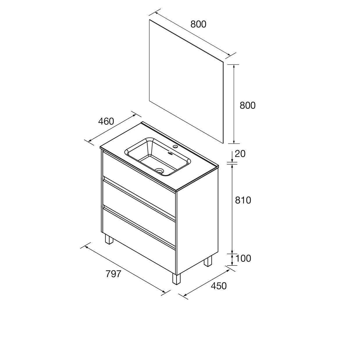 Bemaßte Linienzeichnung eines Badezimmer-Waschtischschranks mit Waschbecken: Schrank 797 x 450 x 810 mm, Abdeckplatte 800 x 460 mm, Spiegel 800 x 800 mm.