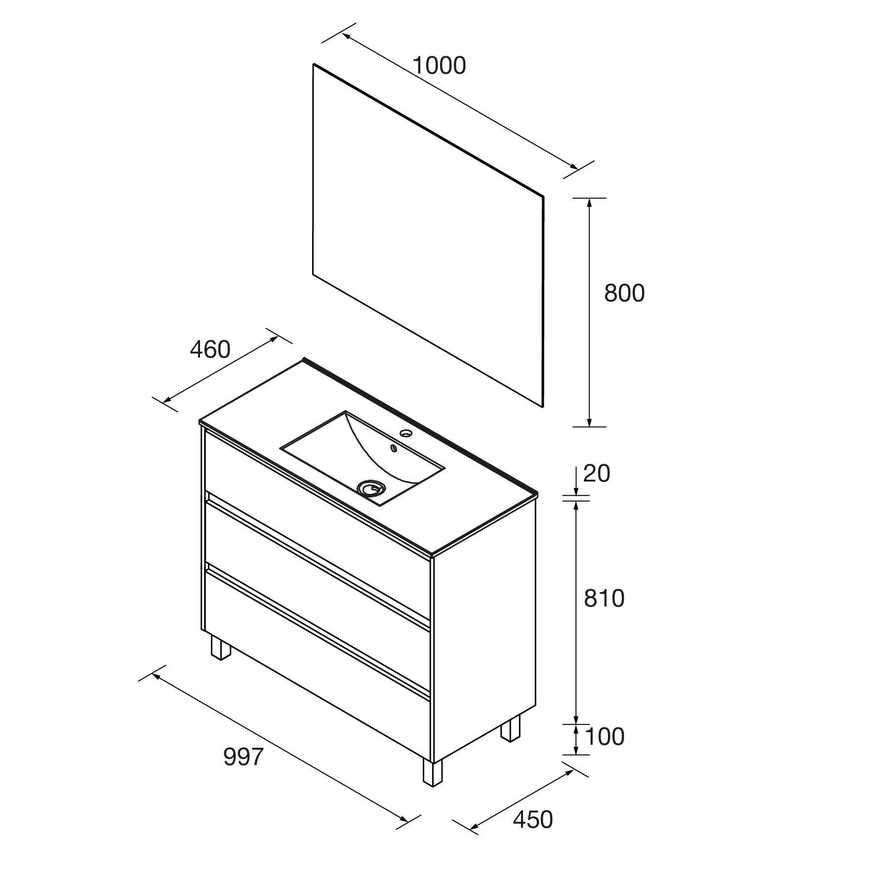 Isometrische Linienzeichnung eines Badezimmerwaschtisches mit Waschbecken und Spiegel. Abmessungen: Spiegel 1000x800, Waschtisch 997x810x450 mit 20 mm Plattendicke.