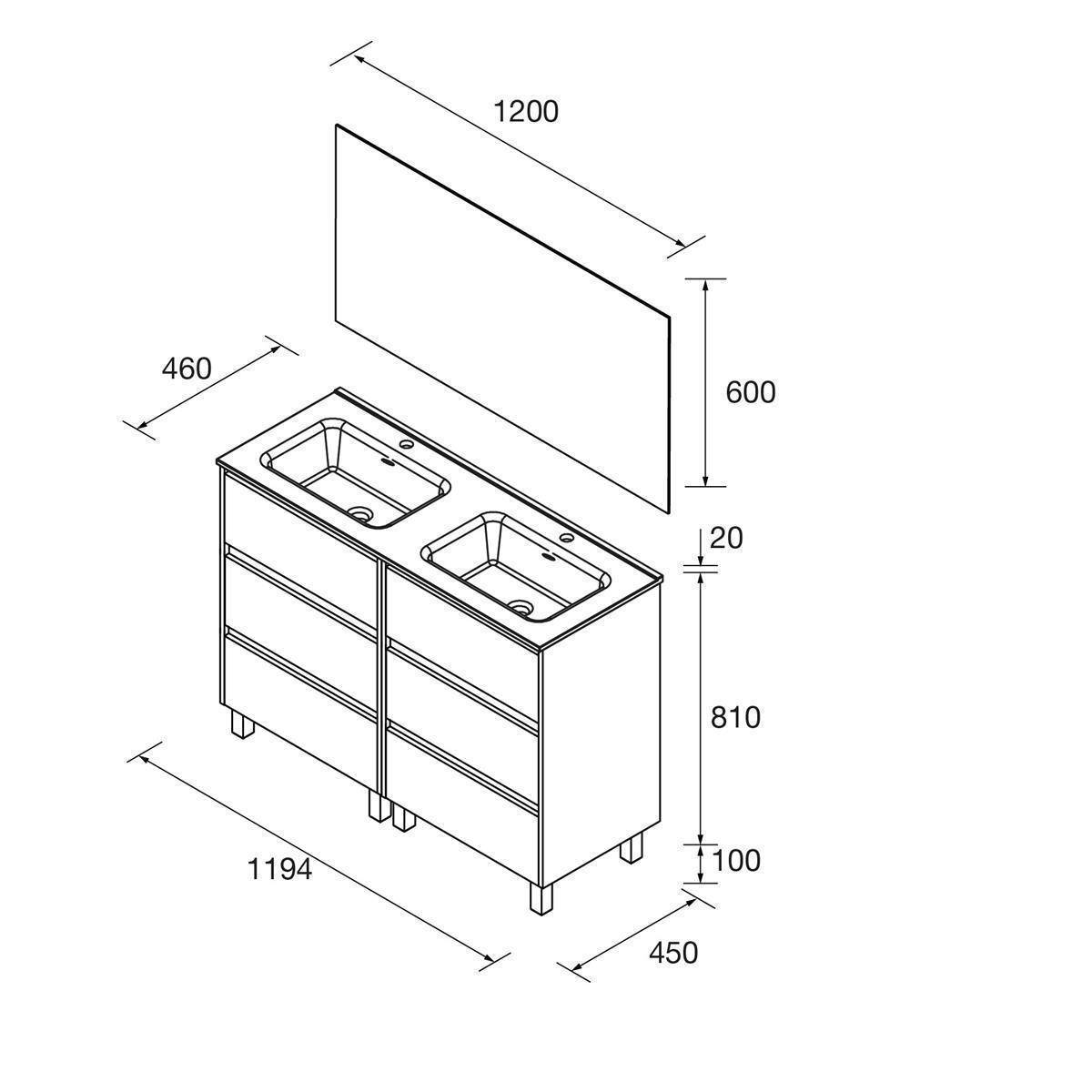 Isometrische Darstellung eines Doppelwaschtisch-Unterschranks mit Wandspiegel, beschriftete Abmessungen: 1200, 600, 460, 1194, 810, 450, 100 und 20 mm.