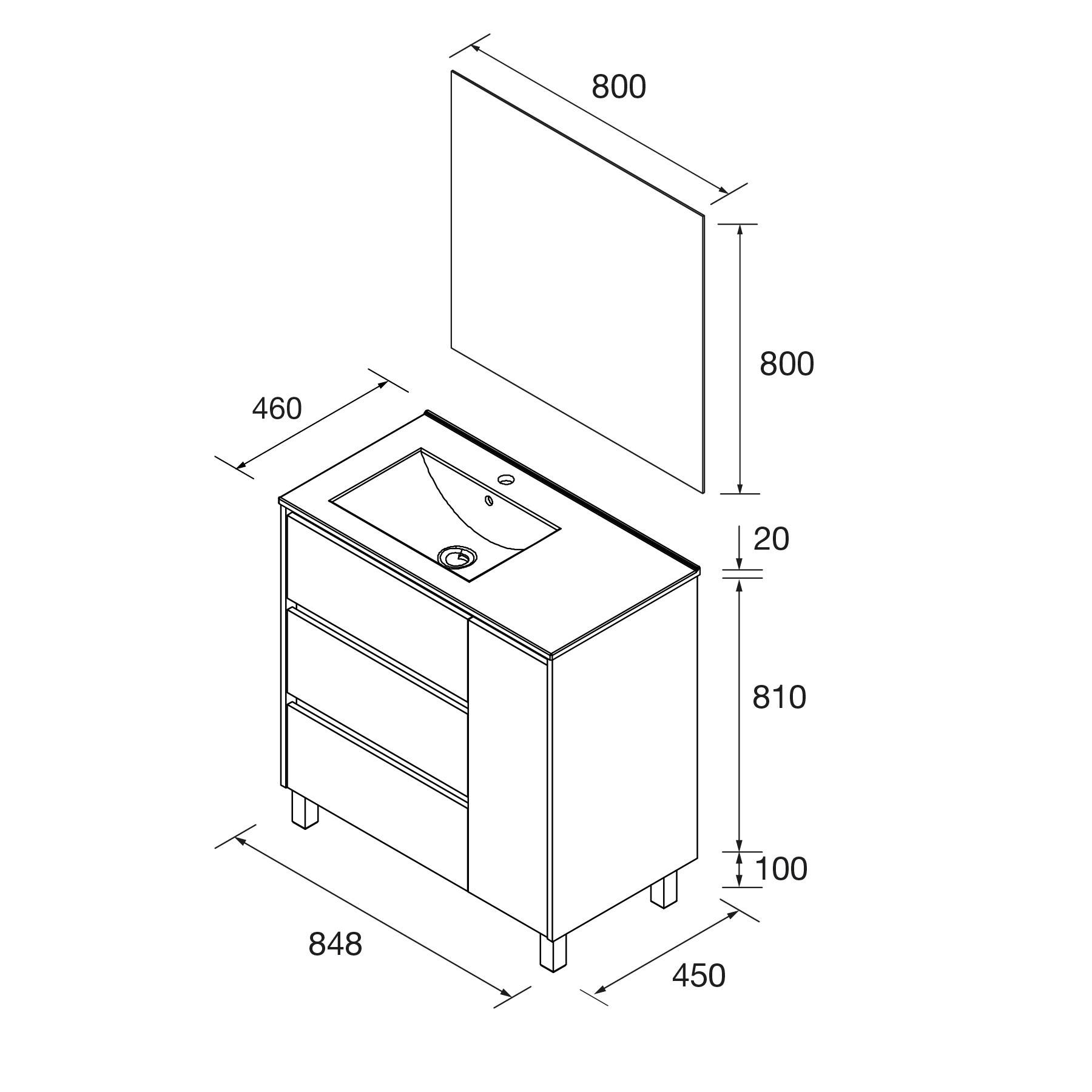 Diagramm eines Badezimmer-Waschtischs mit Maßen: Breite 848 mm, Tiefe 460 mm. Inklusive Waschbecken, Schrank mit Schubladen und 100 mm hohen Beinen.