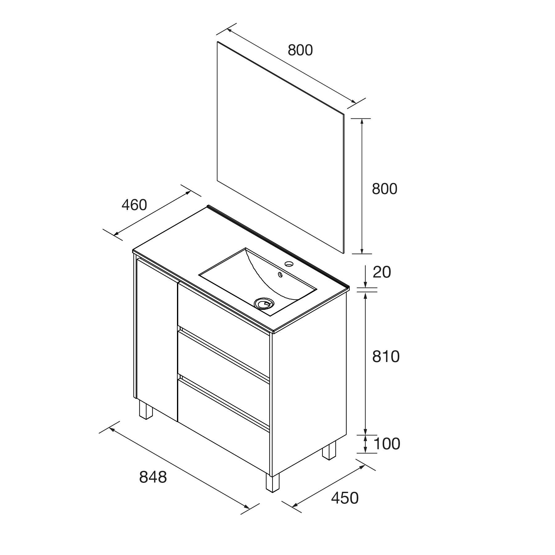 Badezimmer-Waschtischunterschrank mit Waschbecken, Spiegel und zwei Schubladen. Maße angegeben: Spiegel 800x800mm, Waschtischbreite 848mm, Tiefe 450mm, Höhe 810mm.