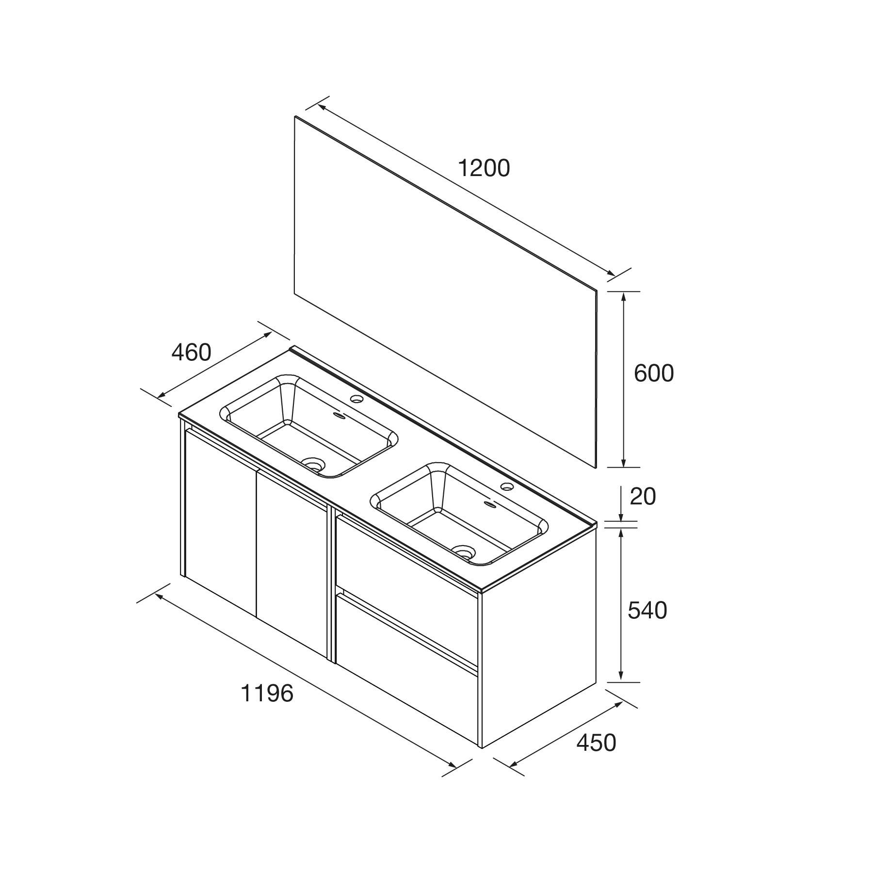 Technische Zeichnung eines Doppelwaschbeckens mit Maßangaben: 1200 mm Breite, 600 mm Höhe für den Spiegel; 1196 mm Breite, 450 mm Tiefe, 540 mm Höhe für den Unterschrank.