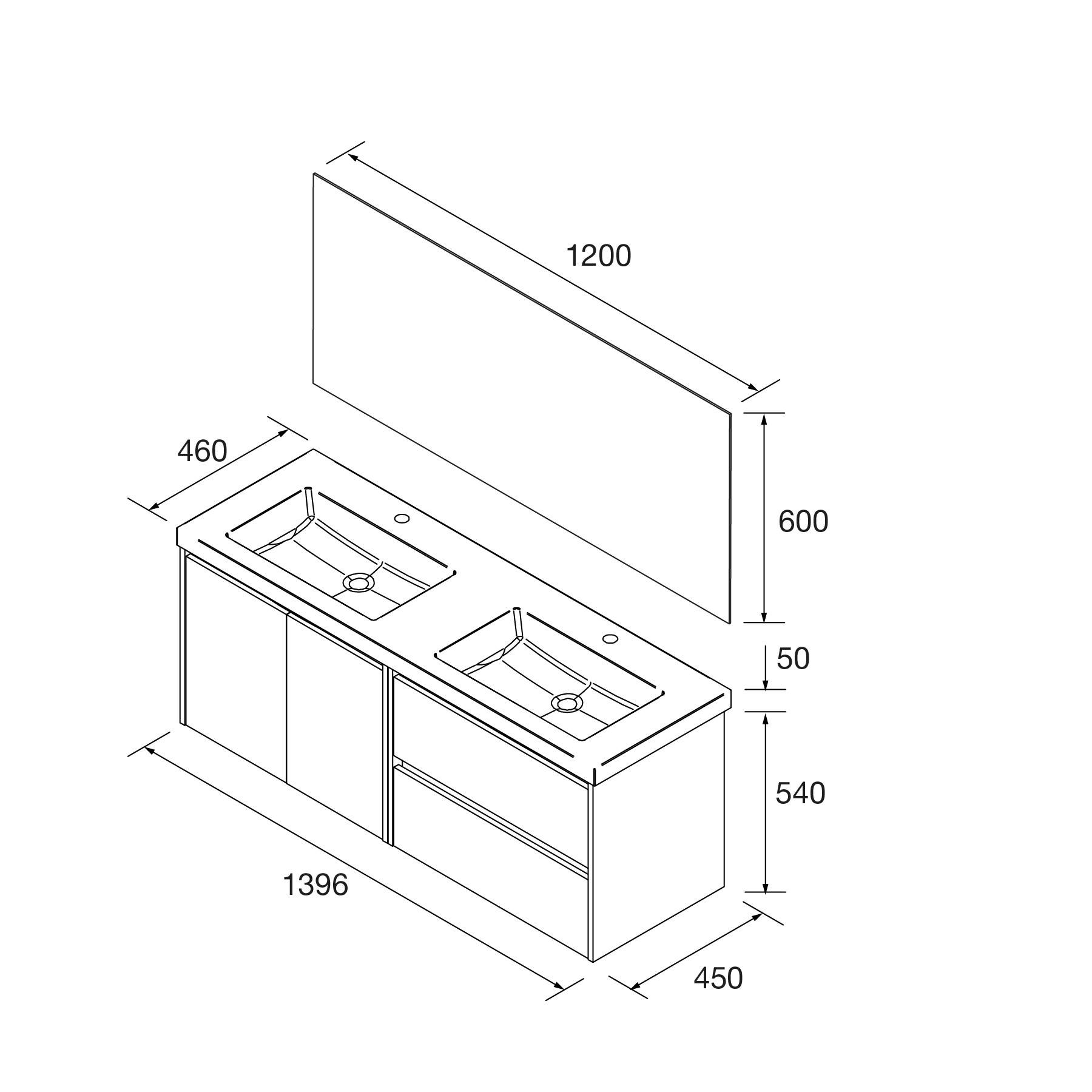 Doppelwaschbecken Badezimmer-Waschtisch Schematische Darstellung mit Abmessungen: Breite 1396 mm, Tiefe 460 mm, Spiegelhöhe 600 mm, ab Bodenniveau 540 mm.