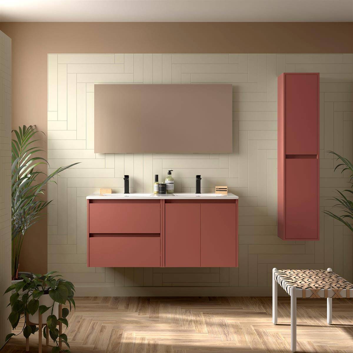 Badezimmermöbel BALTIC 1200 2 Türen und 2 Schubladen RED SATIN + Waschtisch + Spiegel