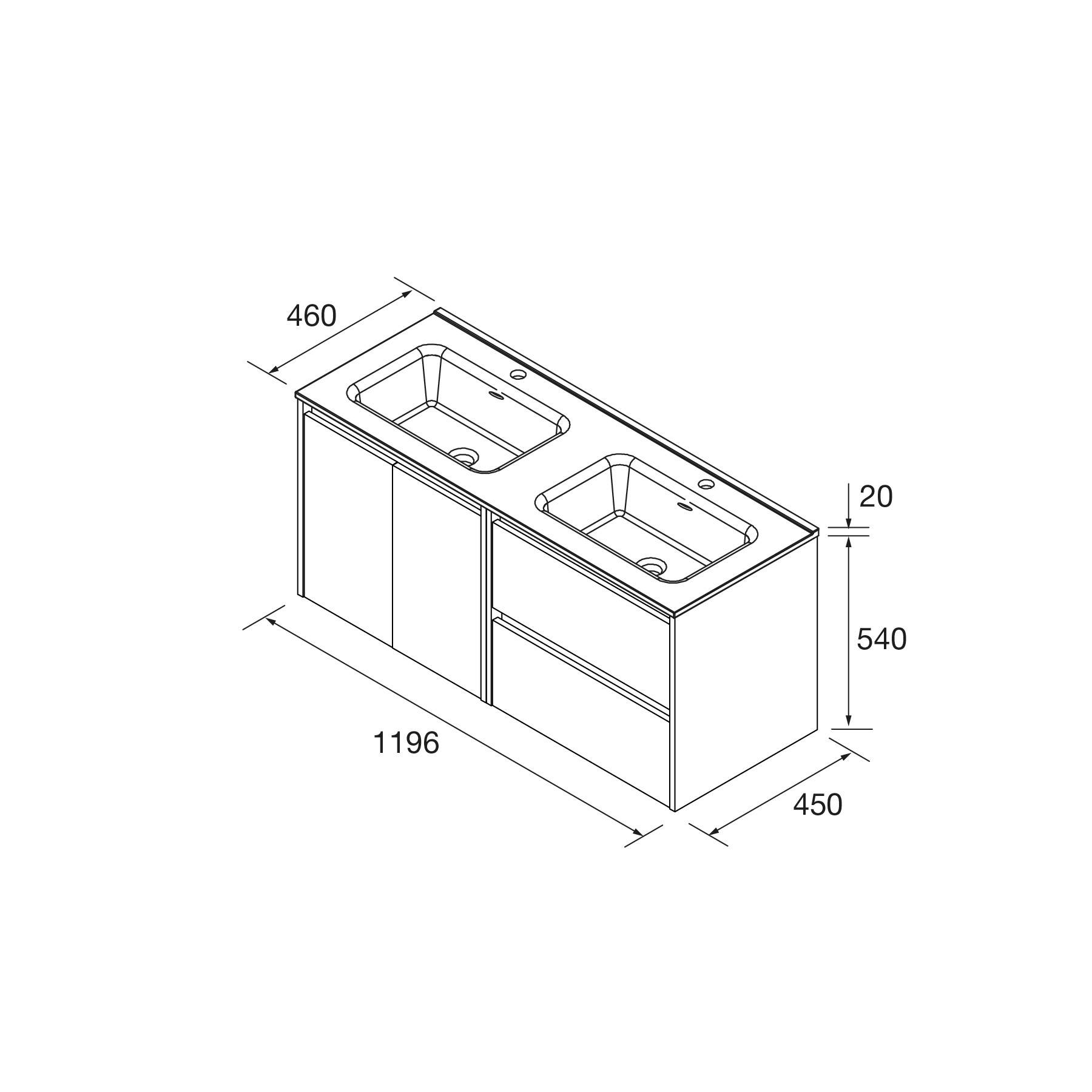 Eine technische Zeichnung eines Doppelwaschbeckenschranks mit Abmessungen: 1196 mm breit, 540 mm hoch, 450 mm tief, mit zwei Becken.