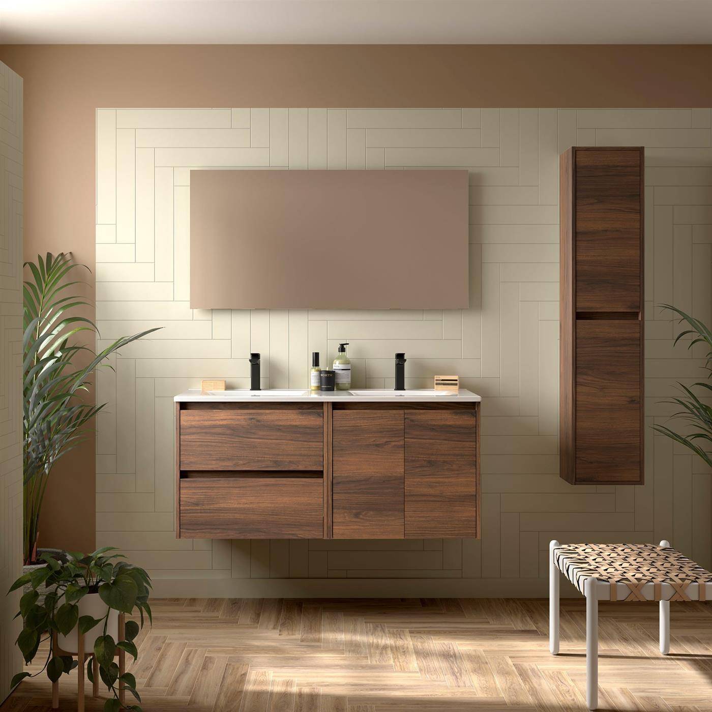 Badezimmermöbel BALTIC 1200 2 Türen und 2 Schubladen NUSSBAUM MAYA + Waschtisch