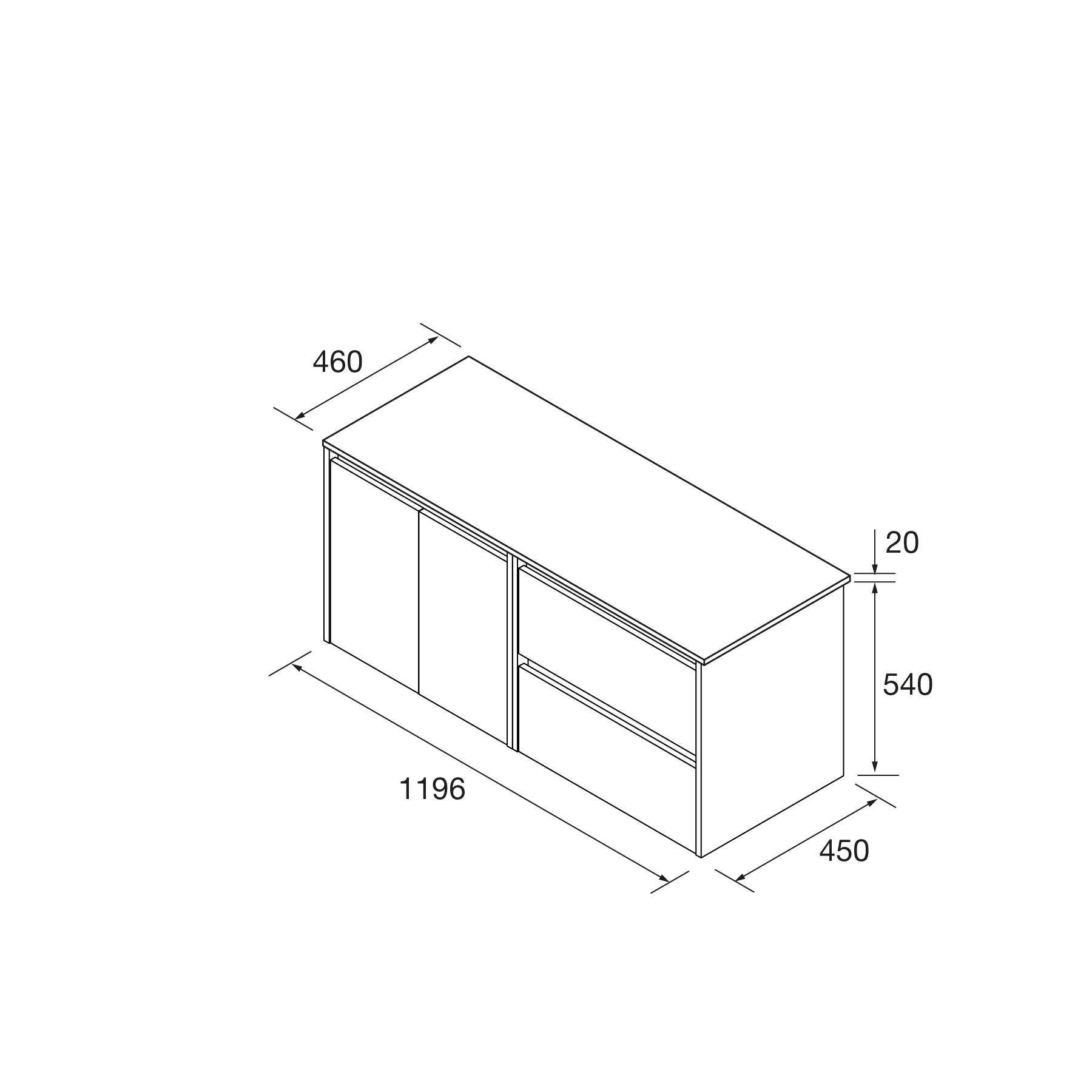 Technische Zeichnung eines rechteckigen Schranks mit zwei Türen und zwei Schubladen. Abmessungen: Höhe 540 mm, Breite 1196 mm, Tiefe 460 mm.