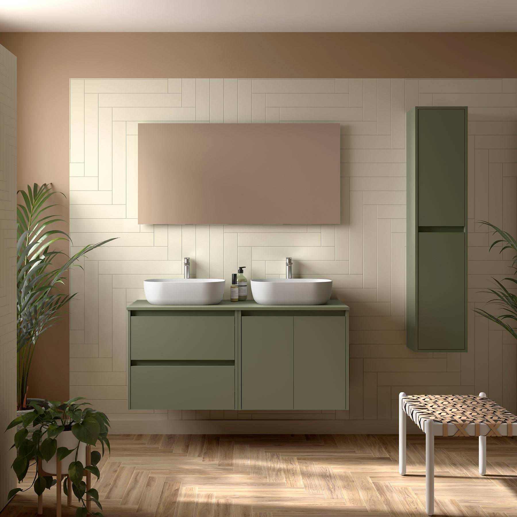 Ein modernes Badezimmer mit grünen Einbaumöbeln, Doppelwaschbecken, minimalistischer Dekoration und Pflanzen. Warmes Licht schafft eine friedvolle Atmosphäre.