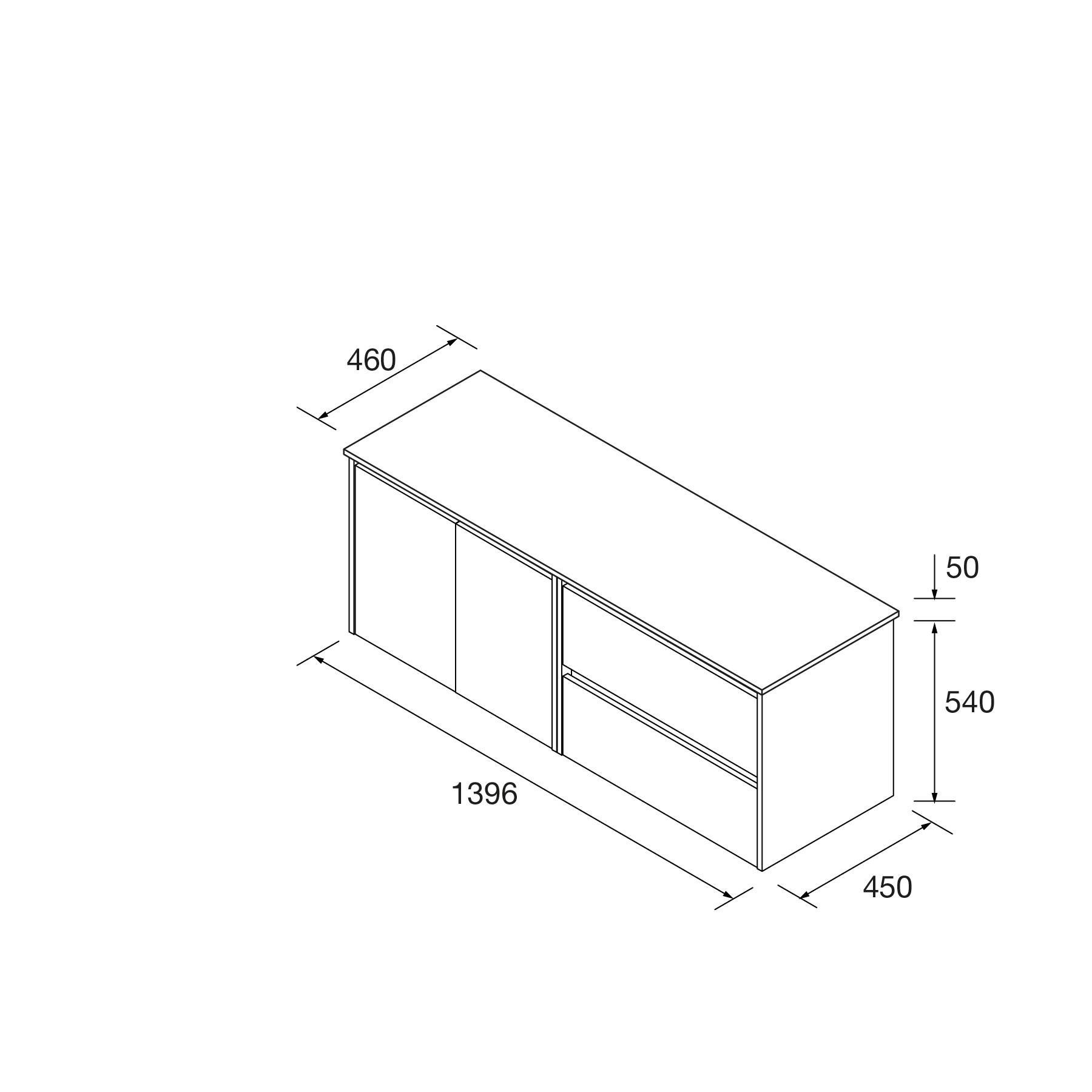 Ein Schrank mit Maßen: Breite 1396 mm, Tiefe 460 mm, Höhe 540 mm. Beinhaltet zwei Türen auf der linken Seite und zwei Schubladen auf der rechten Seite.