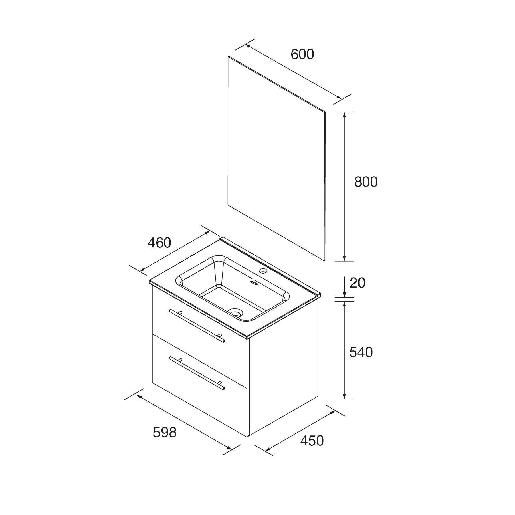 Diagramm mit Abmessungen des Badezimmer-Waschtischs: Breite 600 mm, Höhe 800 mm, Tiefe 450 mm. Beinhaltet Waschbecken mit zwei Schubladen, Spiegel darüber.