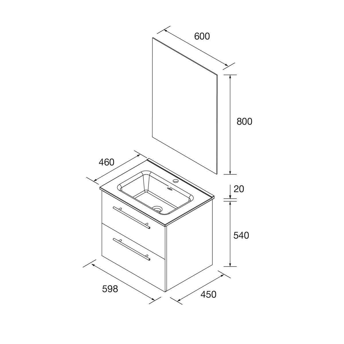 Technische Strichzeichnung eines Badezimmerschranks mit Waschbecken und Spiegel; Schrank misst 598 x 450 x 540 mm, Spiegel 600 x 800 mm, Oberflächendicke 20 mm.