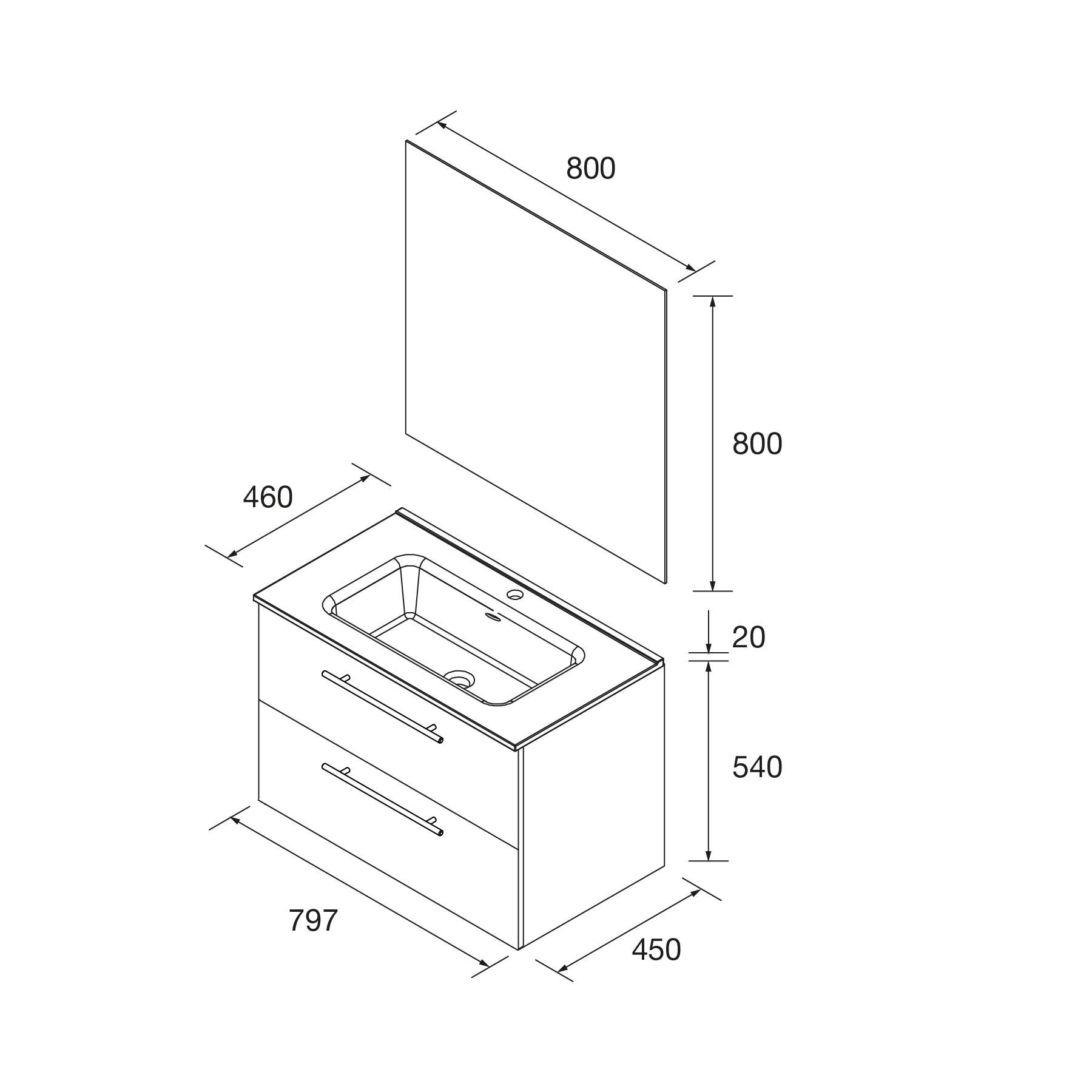 Eine technische Zeichnung eines Badezimmer-Waschtischs mit einem rechteckigen Spiegel darüber. Maße: Spiegel 800x800mm; Waschtisch 797x460x540mm.