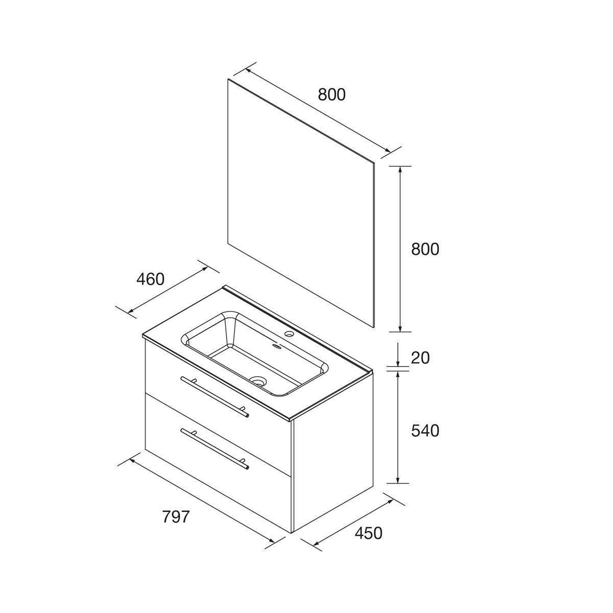 Explodierte Badezimmer-Waschtisch-Diagramm mit Spiegel, Spülenschrank und Abmessungen: Spiegel 800x800, Schrank 797x450x540, Arbeitsplatte Tiefe 460, Spalt 20.
