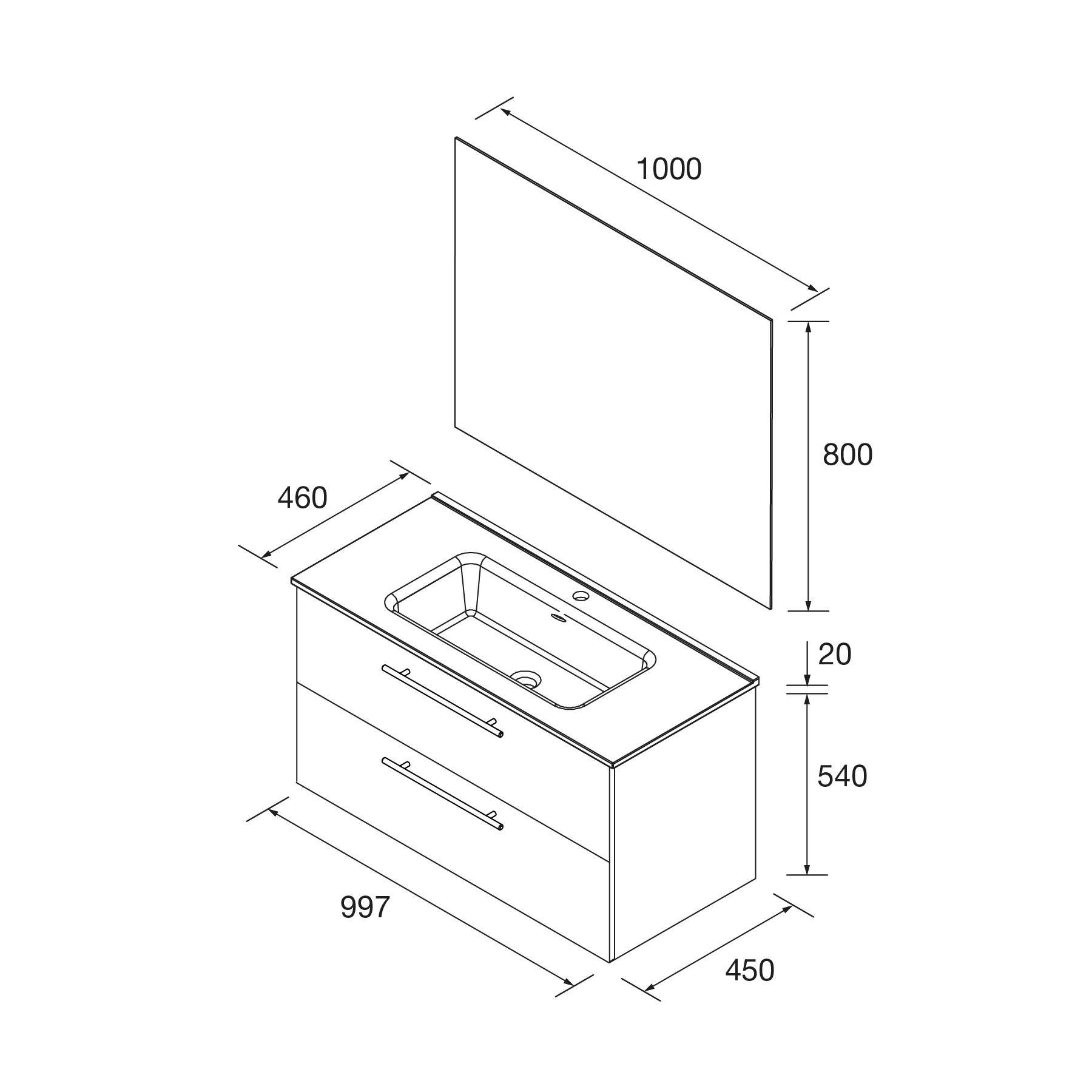 Eine Architekturzeichnung einer Waschtischkonsole mit Abmessungen: 1000x800 mm für den Spiegel, 997x460x540 mm für das Waschbecken und den Schrank.