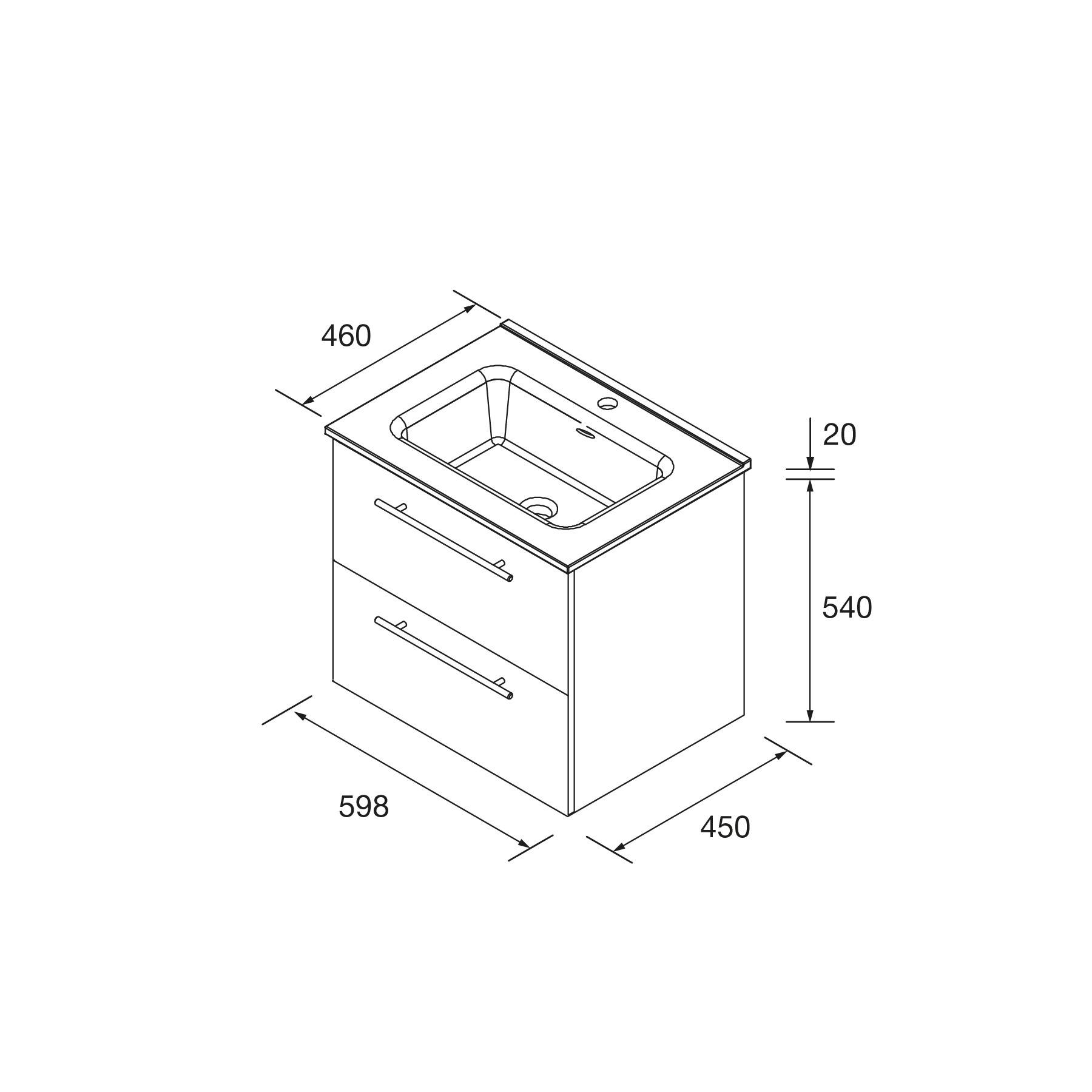 Technische Zeichnung eines Badezimmer-Waschtischunterschranks mit Waschbecken, mit Maßangaben: 598 mm breit, 540 mm hoch, 450 mm tief.