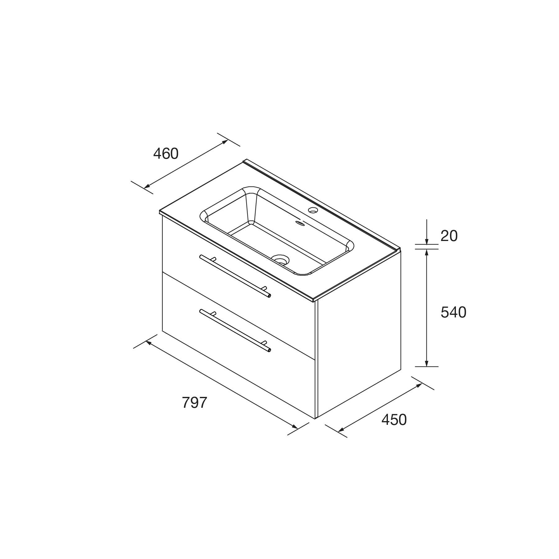 Eine technische Zeichnung eines Badezimmerwaschtischs mit Maßangaben. Breite: 797 mm, Tiefe: 460 mm, Höhe: 540 mm. Enthält zwei Schubladen.
