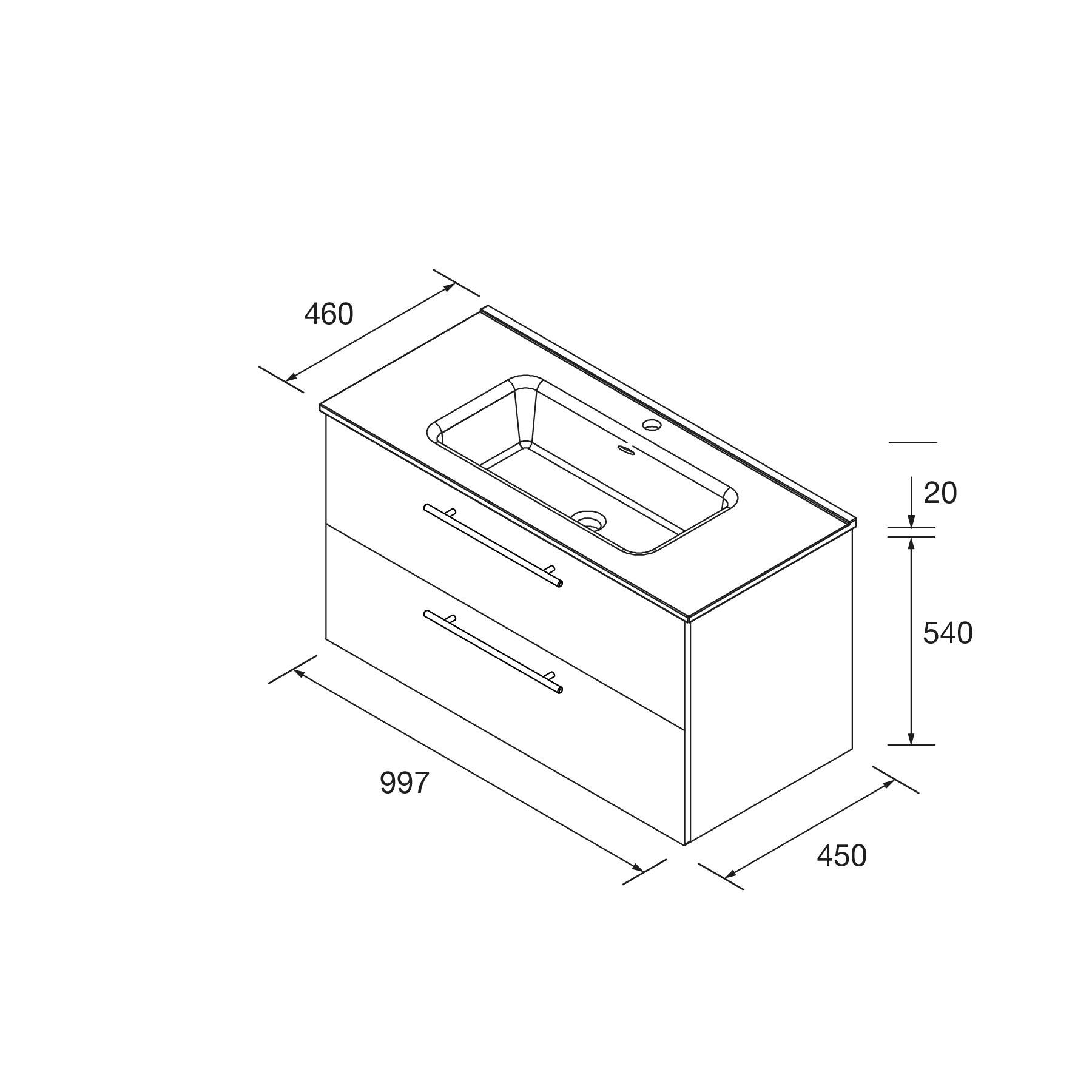 Technische Zeichnung eines Badezimmerwaschtischs mit Waschbecken. Maße: Breite 997 mm, Tiefe 450 mm, Höhe 540 mm, und 460 mm über dem Waschbecken.