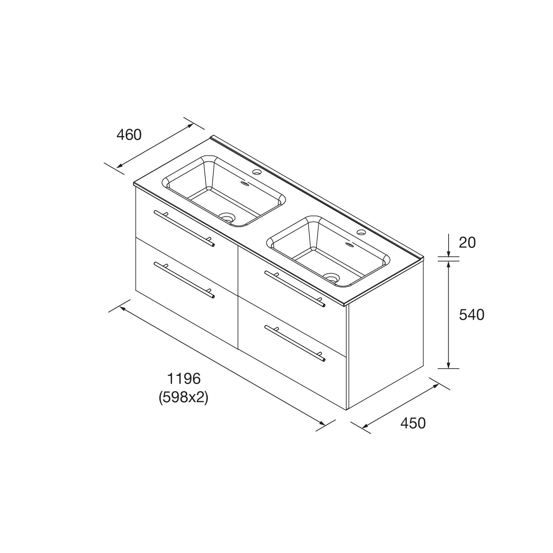 Doppelwaschbecken-Einheit mit vier Schubladen und Maßen: Breite 1196, Tiefe 460 und Höhe 540 Millimeter. Inklusive Seitenansichten.