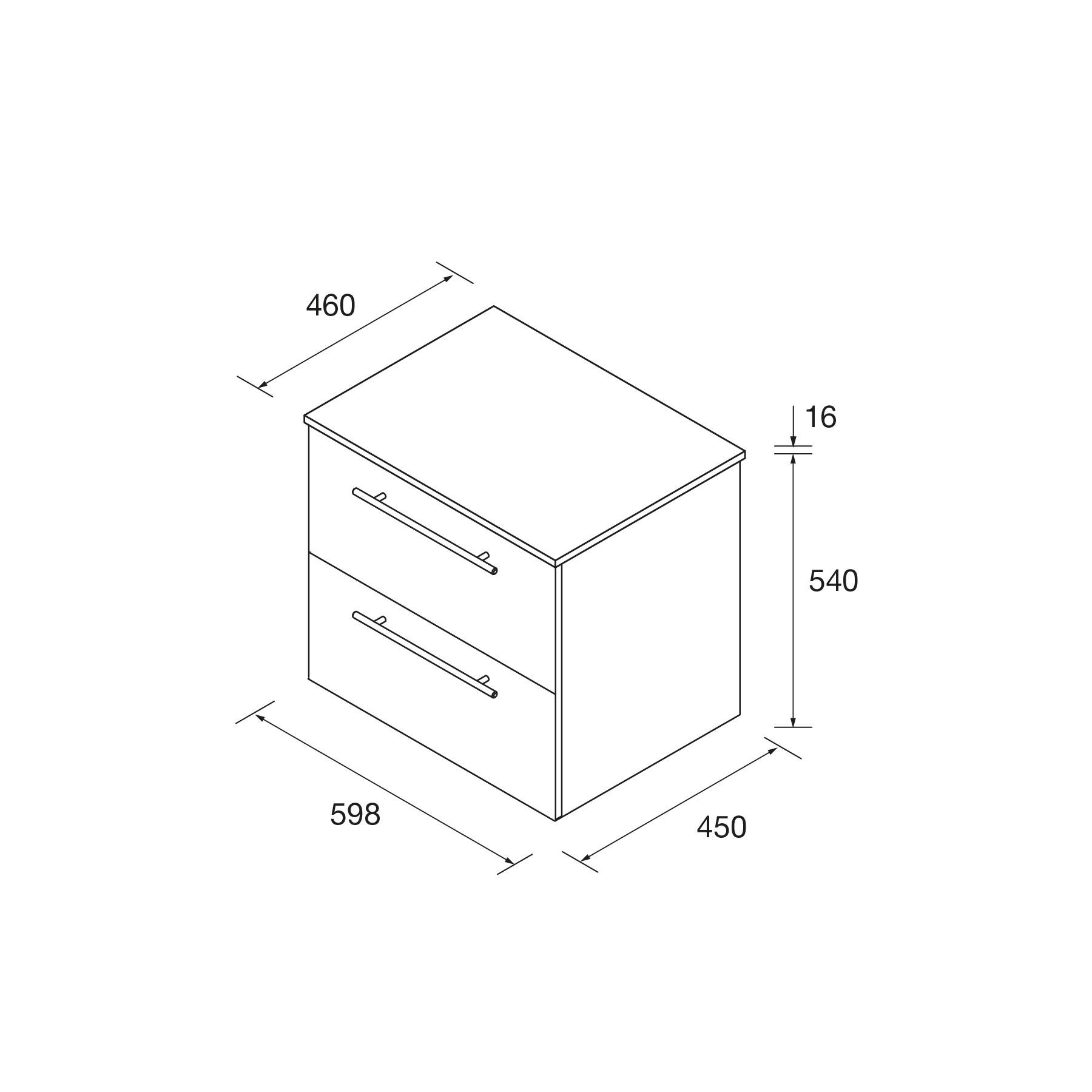 Eine Linienzeichnung eines Schranks mit zwei Schubladen mit den Abmessungen: 598 mm Breite, 450 mm Tiefe, 540 mm Höhe und 16 mm Dicke der Tischplatte.