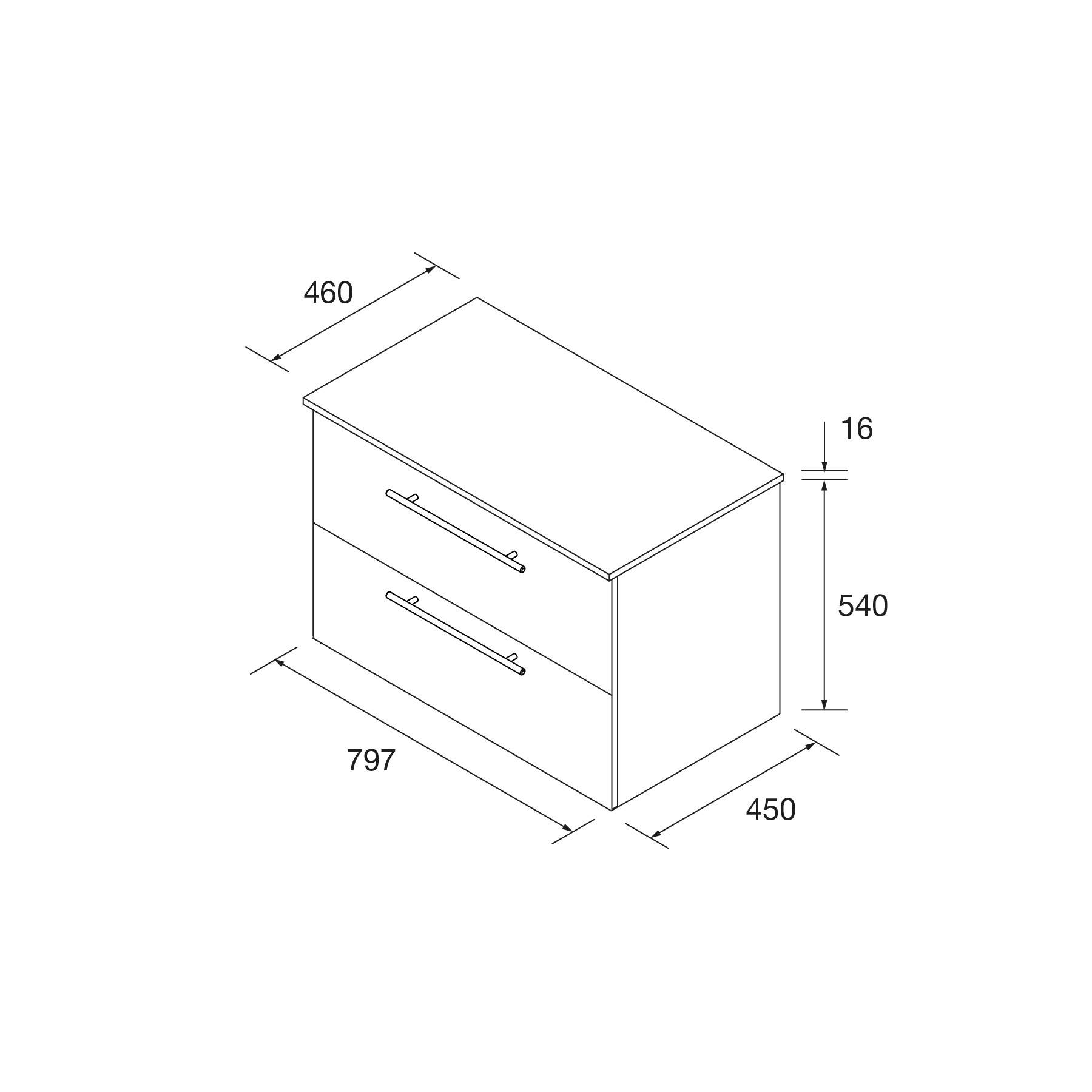 Eine Linienzeichnung eines Schranks mit zwei Schubladen mit Maßen: Höhe 540 mm, Breite 797 mm, Tiefe 450 mm. Obere Kante bei 460 mm mit einer 16 mm breiten Lippe.