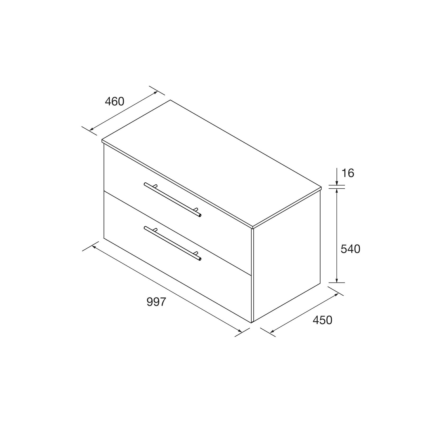 Schrank-Diagramm mit Maßen: 997 mm Breite, 540 mm Höhe, 450 mm Tiefe. Zwei Frontschubladen mit Griffen, jeweils 460 mm lang.