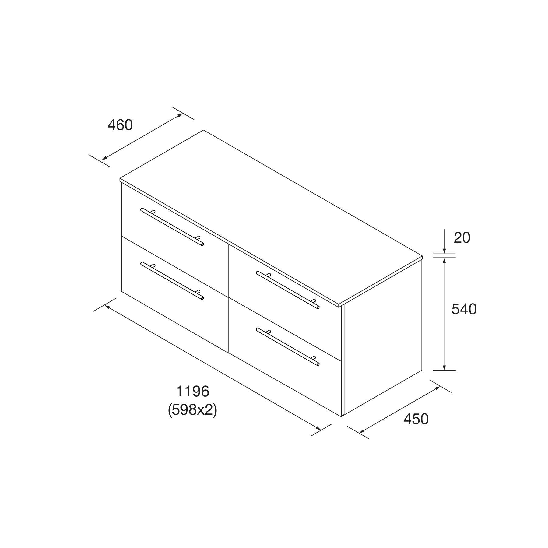 Darstellung eines rechteckigen Schranks mit vier horizontalen Schubladen. Abmessungen sind 460x450x540 mm, und die Gesamtbreite beträgt 1196 mm.
