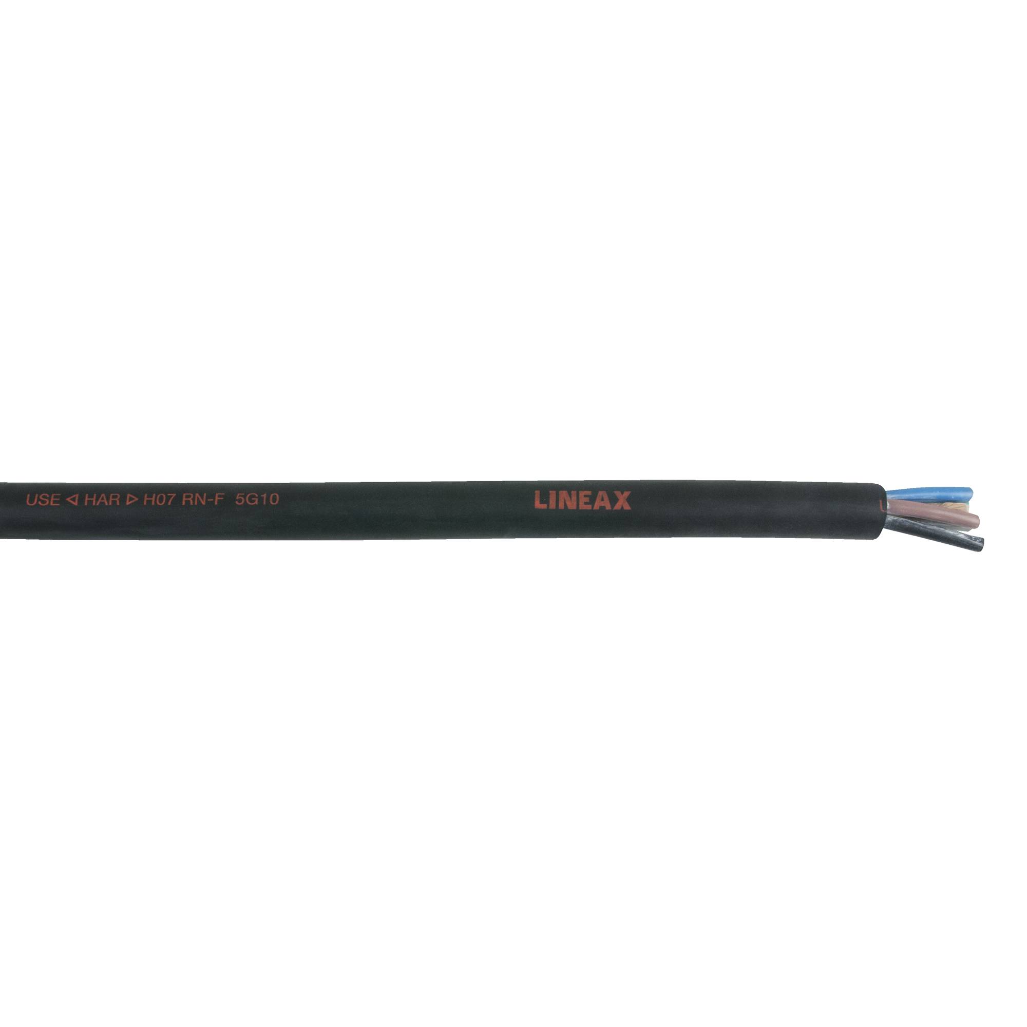 Ein schwarzes elektrisches Kabel mit drei freigelegten Leitungen an einem Ende, versehen mit rotem 'LINEAX'-Text, vorgesehen für elektrische Installationen.